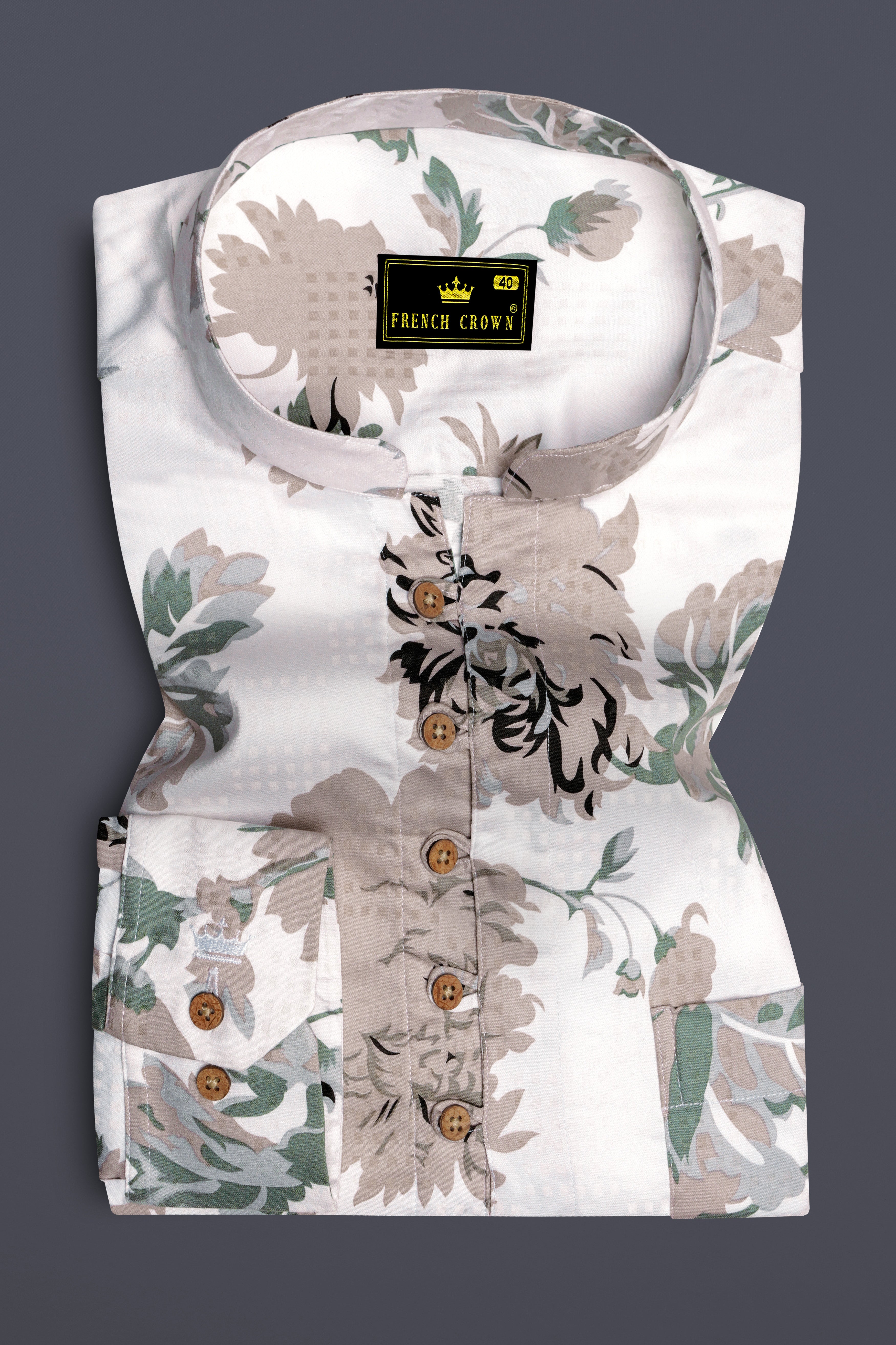 Olvoro-Bright White And Battleship Green Vintage Floral Printed Dobby Premium Giza Cotton Casual Kurta Shirt