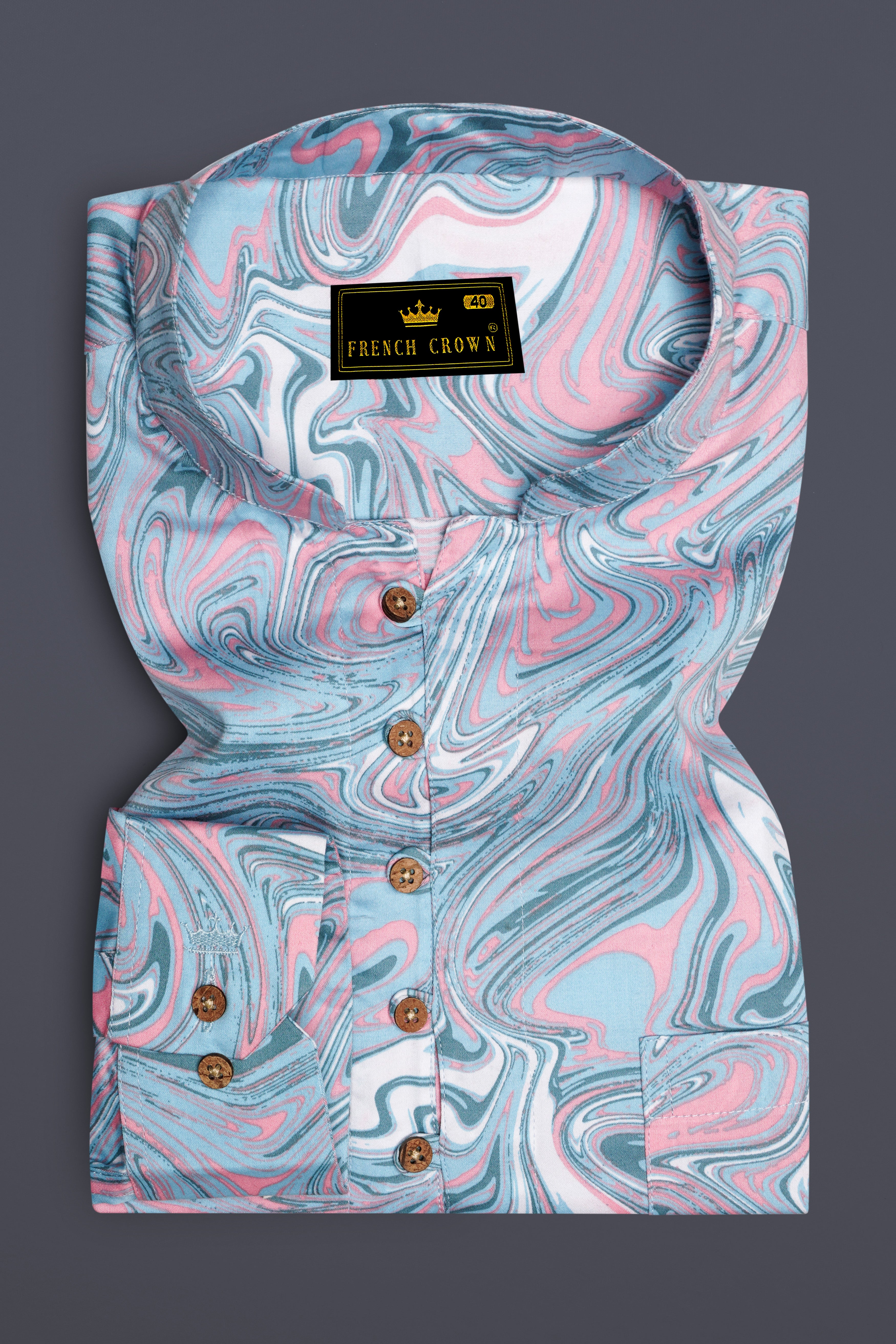 Swiroro-Horizon Blue And Blossom Pink Marble Swirl Printed Subtle Sheen Super Soft Premium Cotton Casual Kurta Shirt