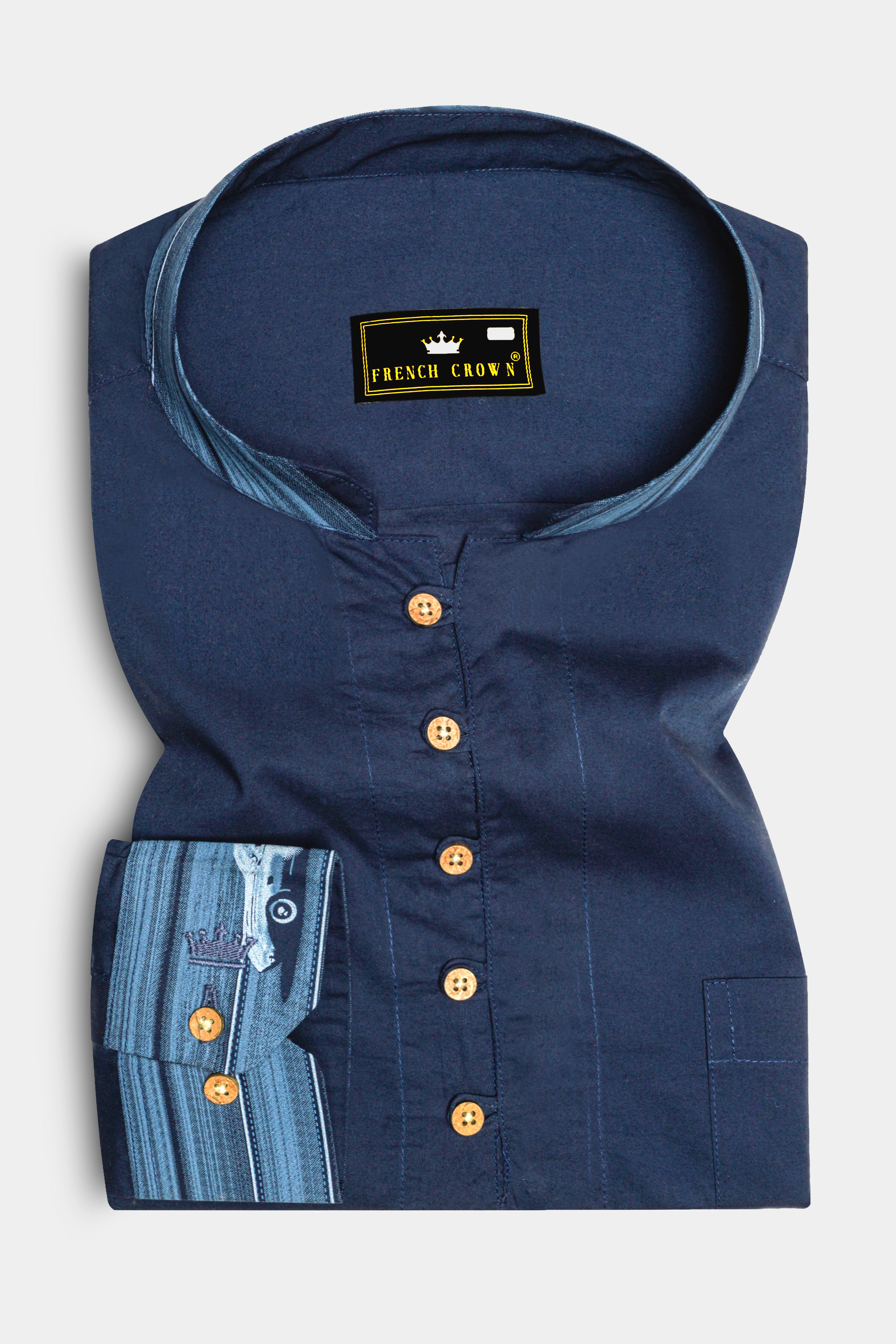 Aurenav-Navy Blue Subtle Sheen Super Soft Premium Cotton Casual Kurta Shirt