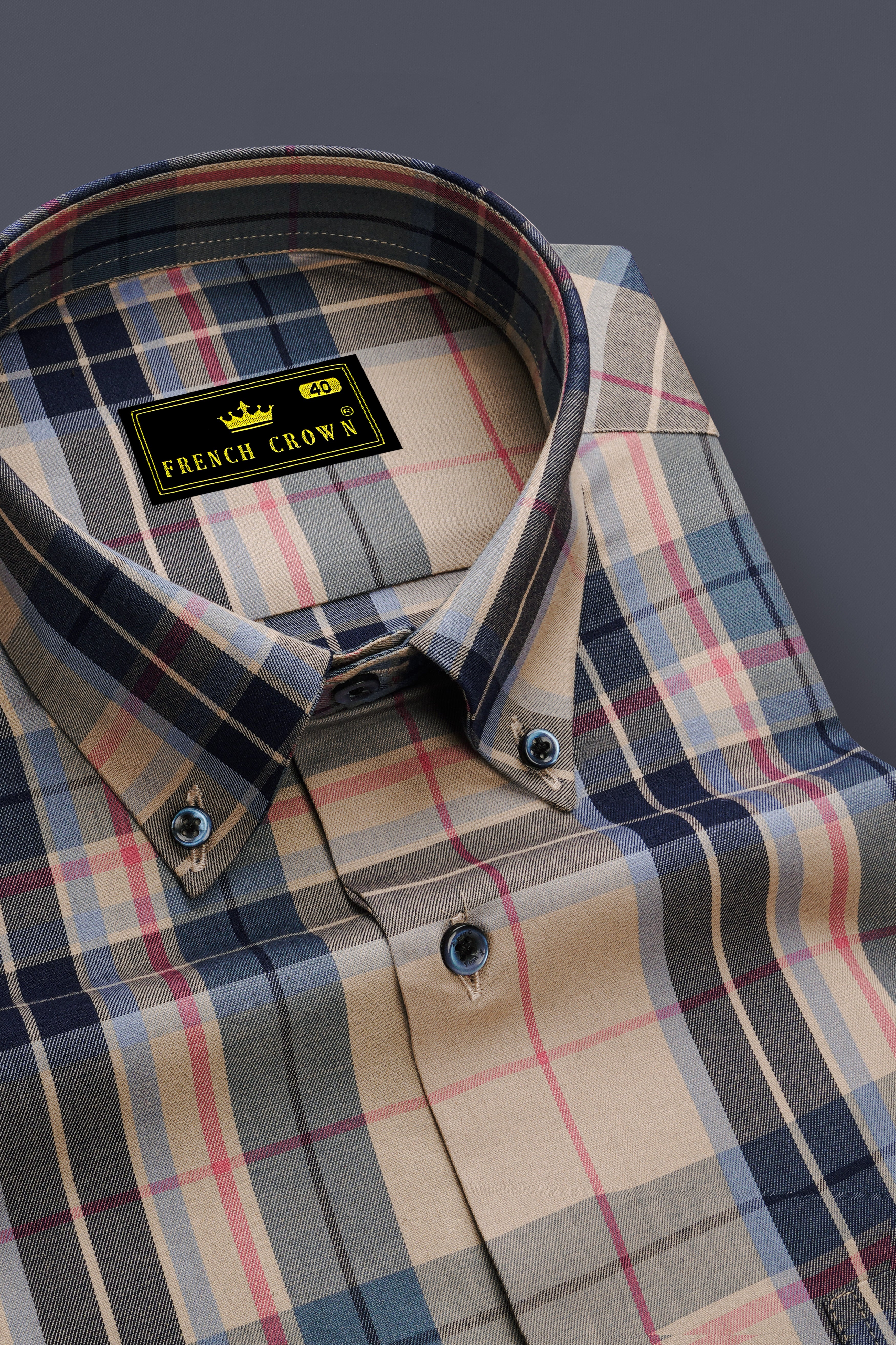 Opulor-Midnight Blue And Sandrift Cream Plaid Twill Premium Cotton Semi Formal Shirt