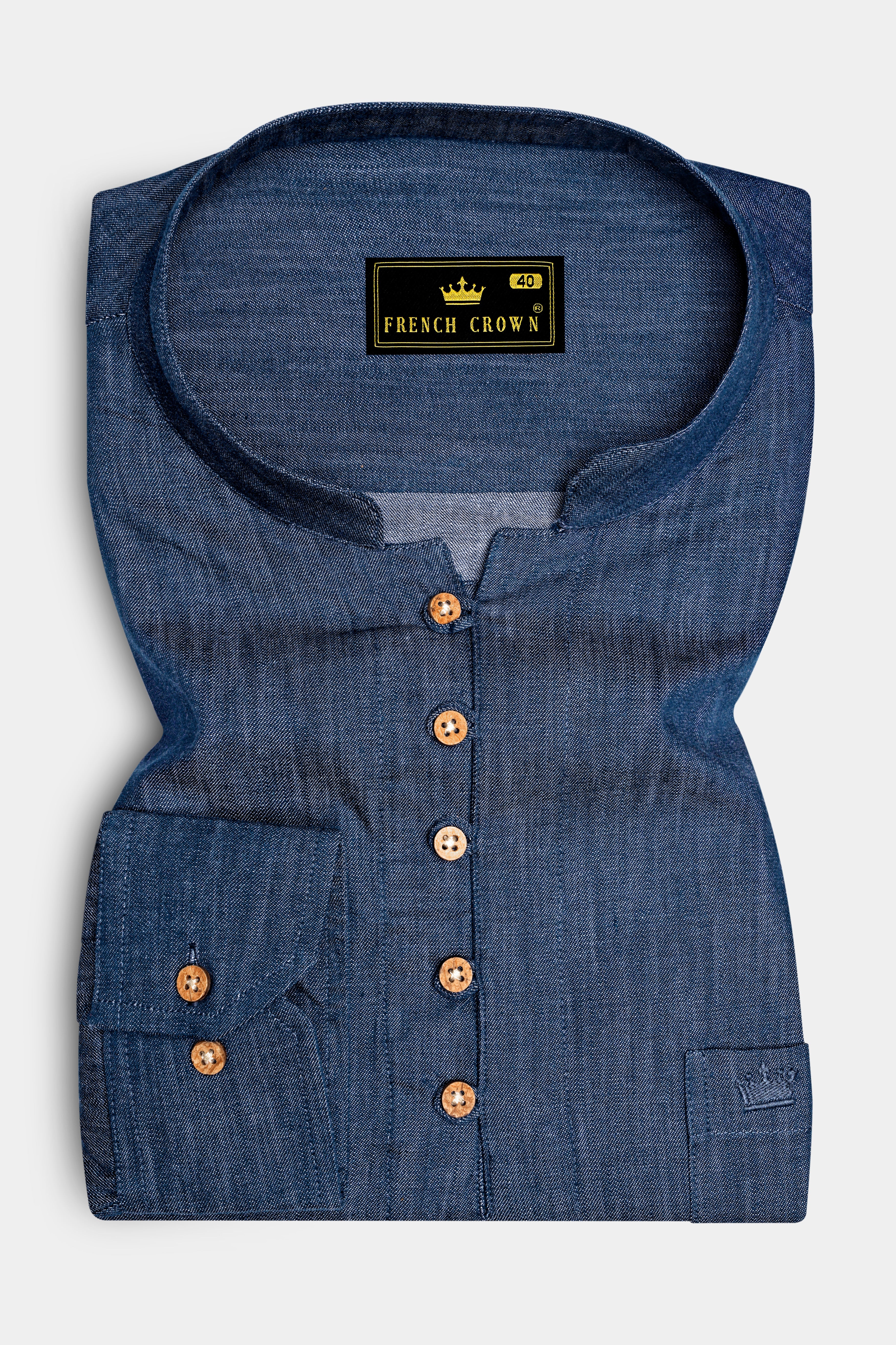 Ventoro Pickled Blue Textured Denim Super Soft Premium Cotton Casual Kurta Shirt