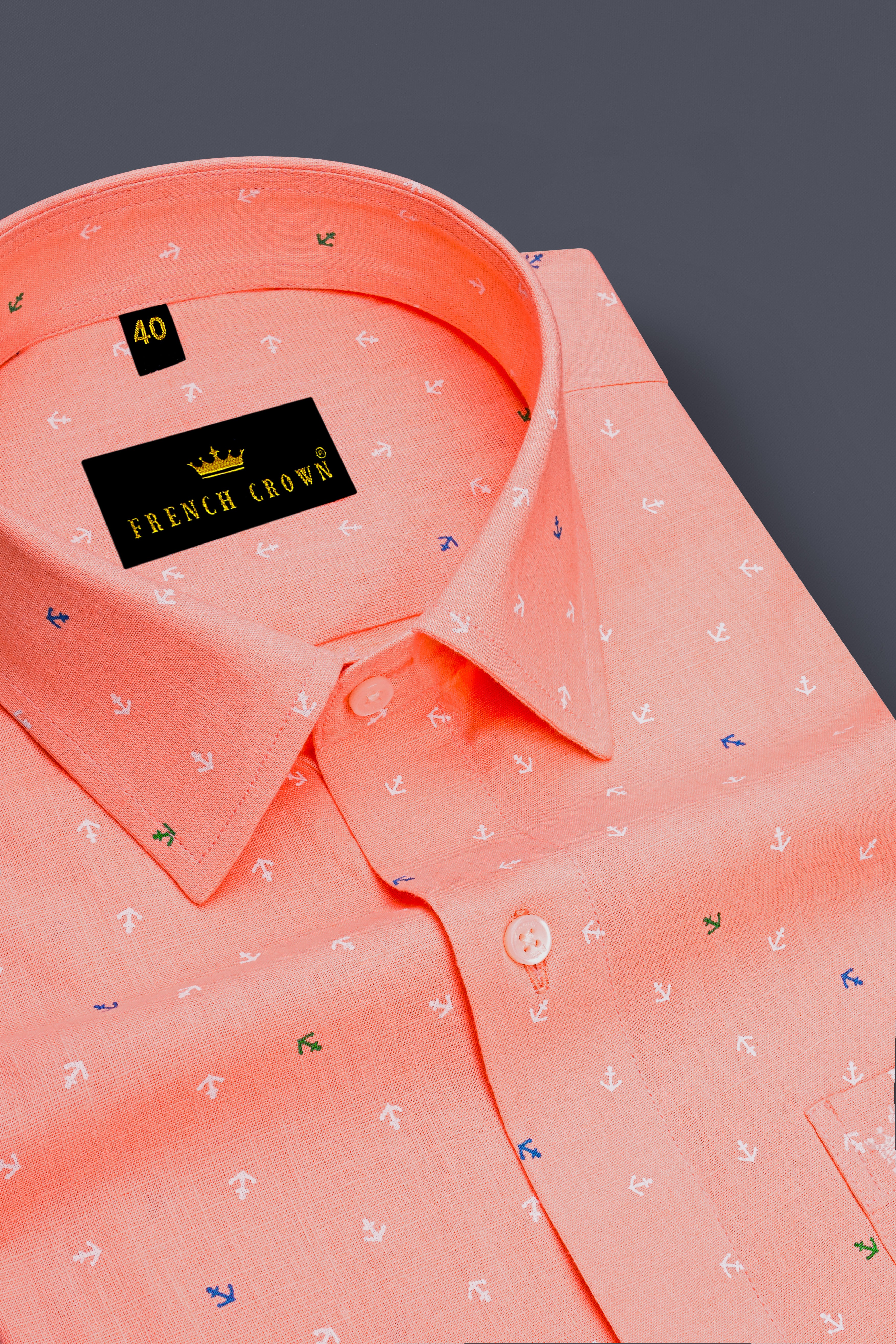 Marivon Tumbleweed Peach Printed Anchor Printed Luxurious Linen Dress Shirt