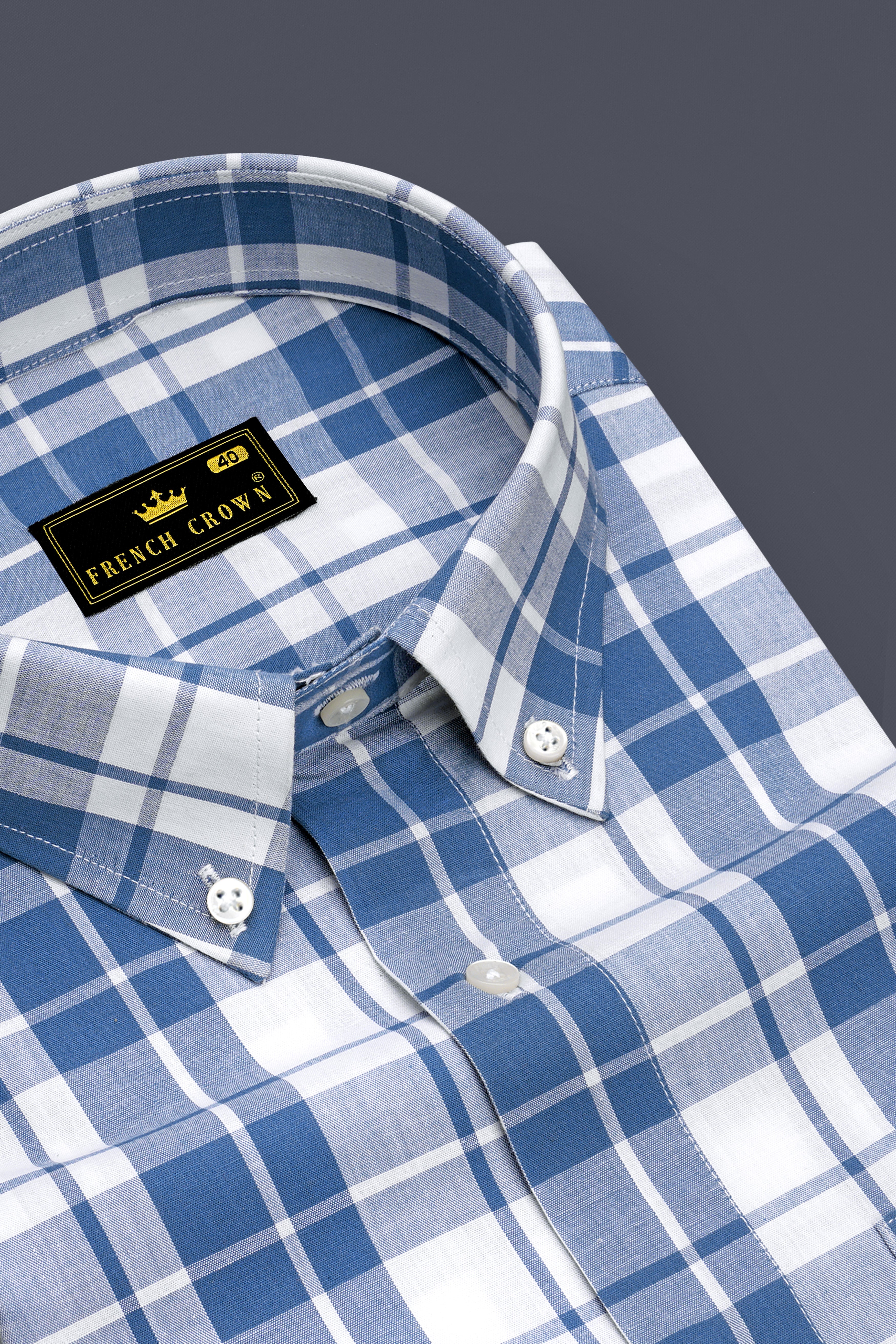 Azurino Chambray Blue And Bright White Plaid Chambray Premium Cotton Casual Shirt