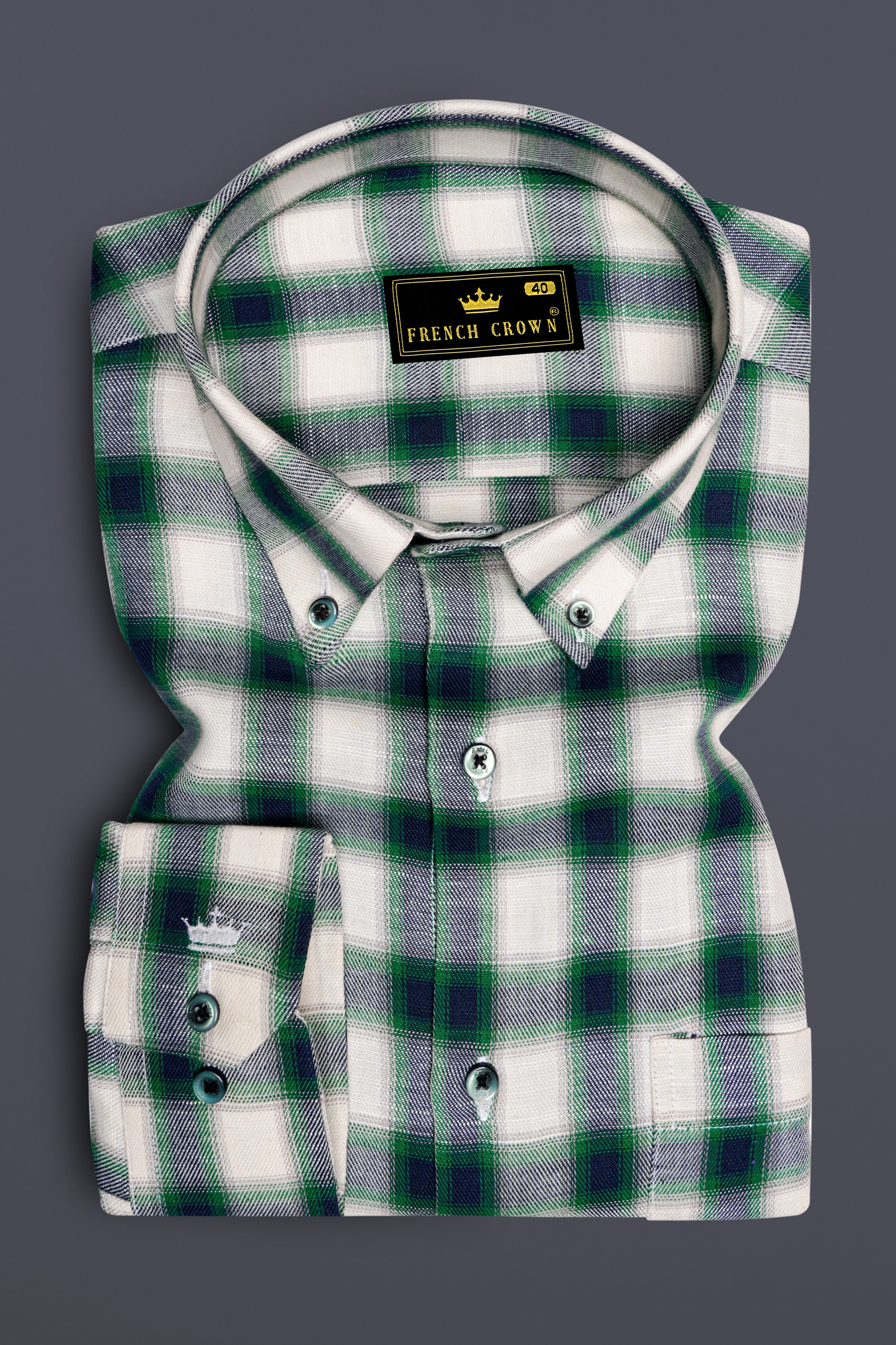 Aureglace Pariglacial Cream And Firefly Green Plaid Twill Premium Cotton Casual Shirt