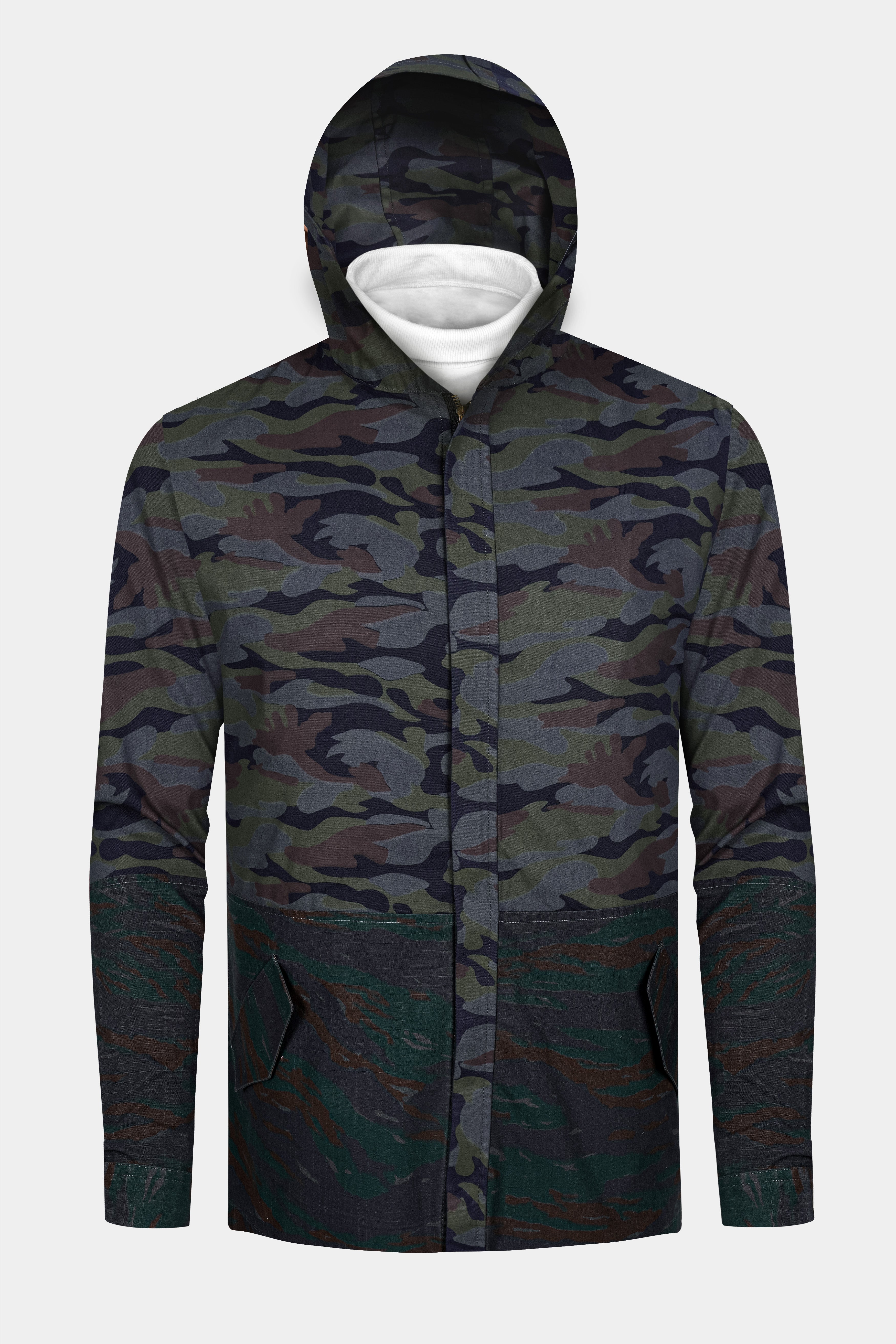 Camoir-Liver Gray And Lunar Green Camouflage Printed Heavyweight Designer Hoodie with Zipper Closure