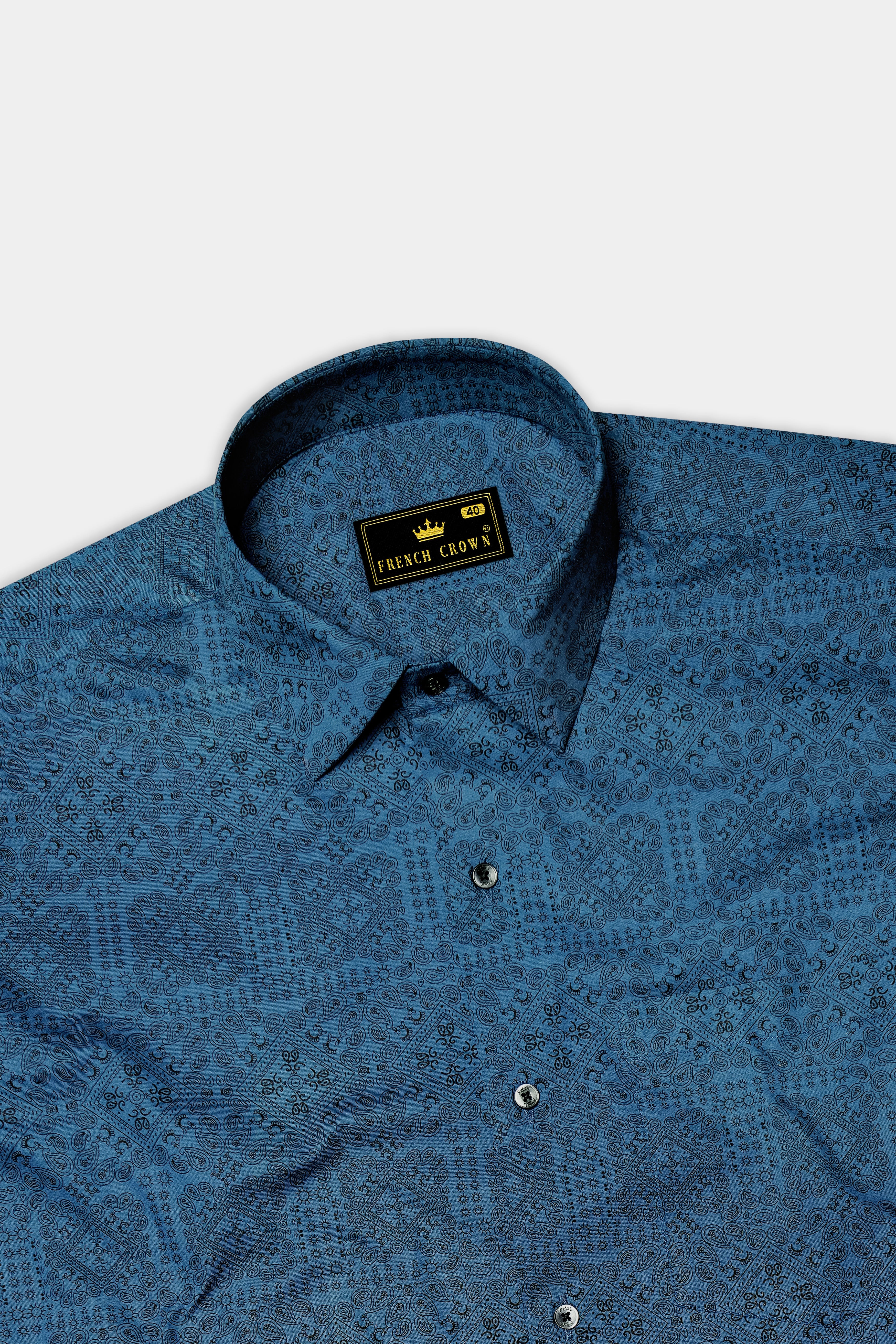 Azuron-Metallic Blue And Jade Black Paisley Printed Super Soft Premium Giza Cotton Casual Shirt
