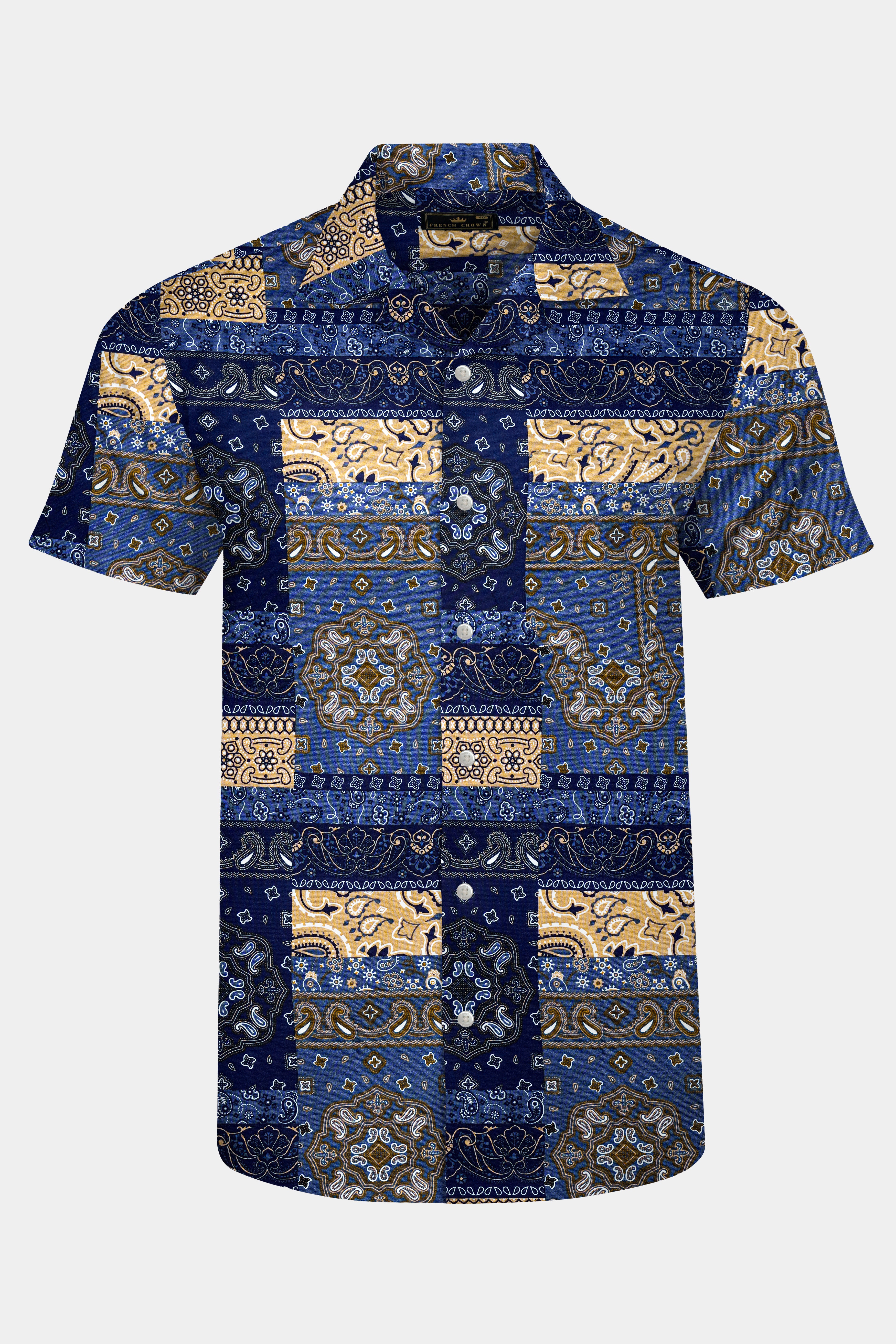 Azurune-Yale Blue And Sand Dune Brown Tiled Paisley Printed Super Soft Tencel Casual Shirts