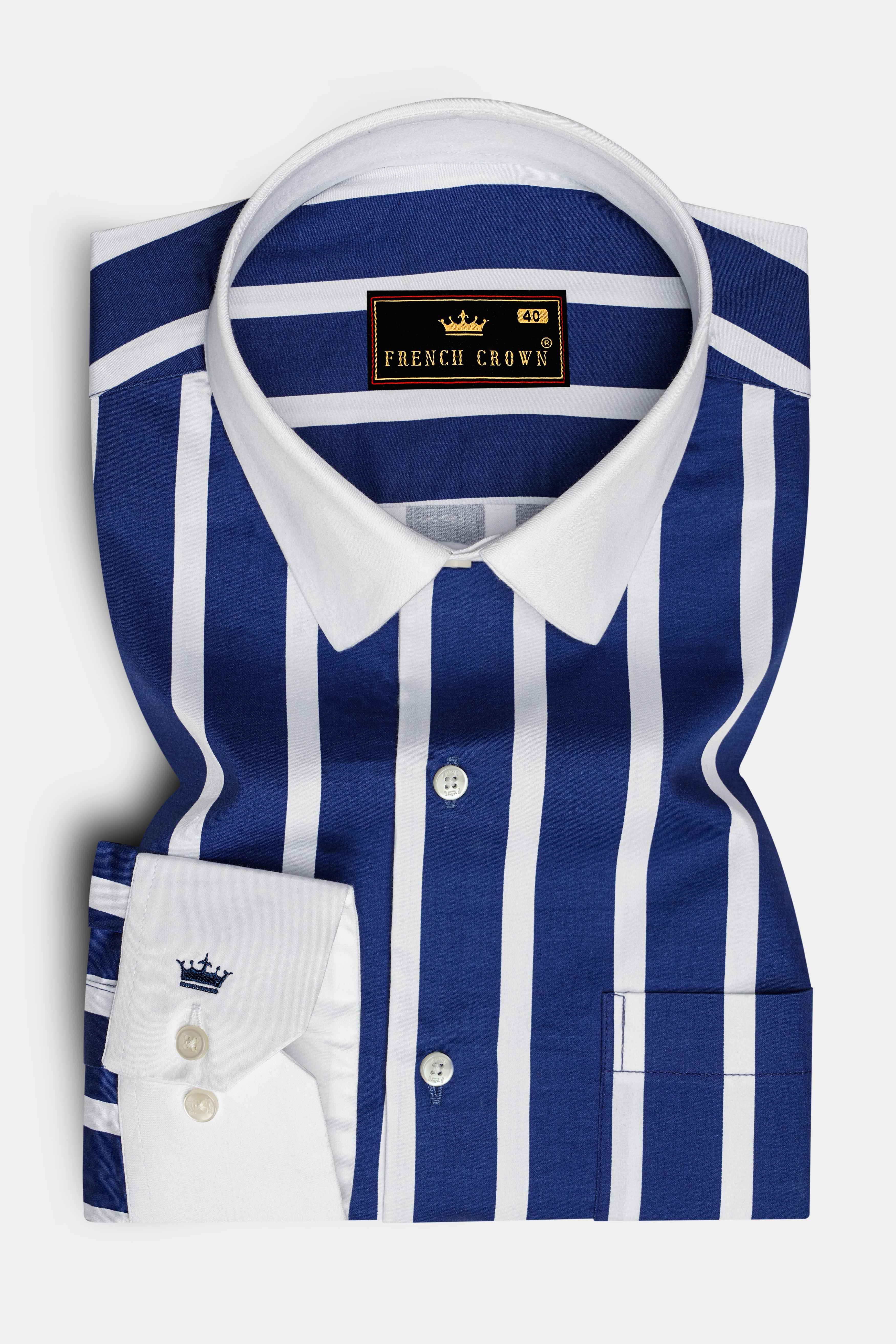 Marivon-Chambray Blue And Bright White Awning Striped Super Soft Premium Cotton Dress White Cuff Collar Shirt