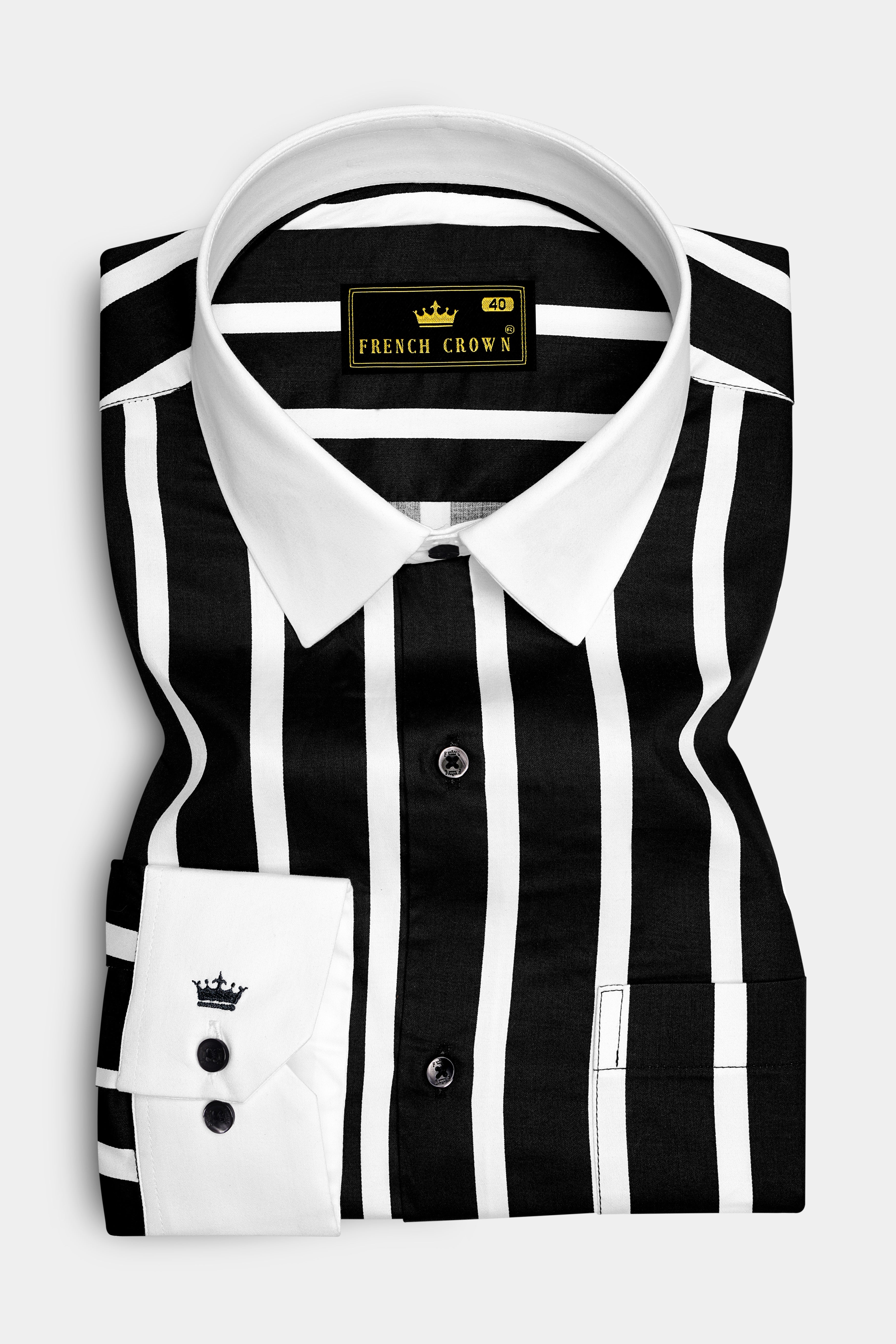 Noctaro-Jade Black And Bright White Awning Striped Super Soft Premium Cotton Dress White Cuff Collar Shirt