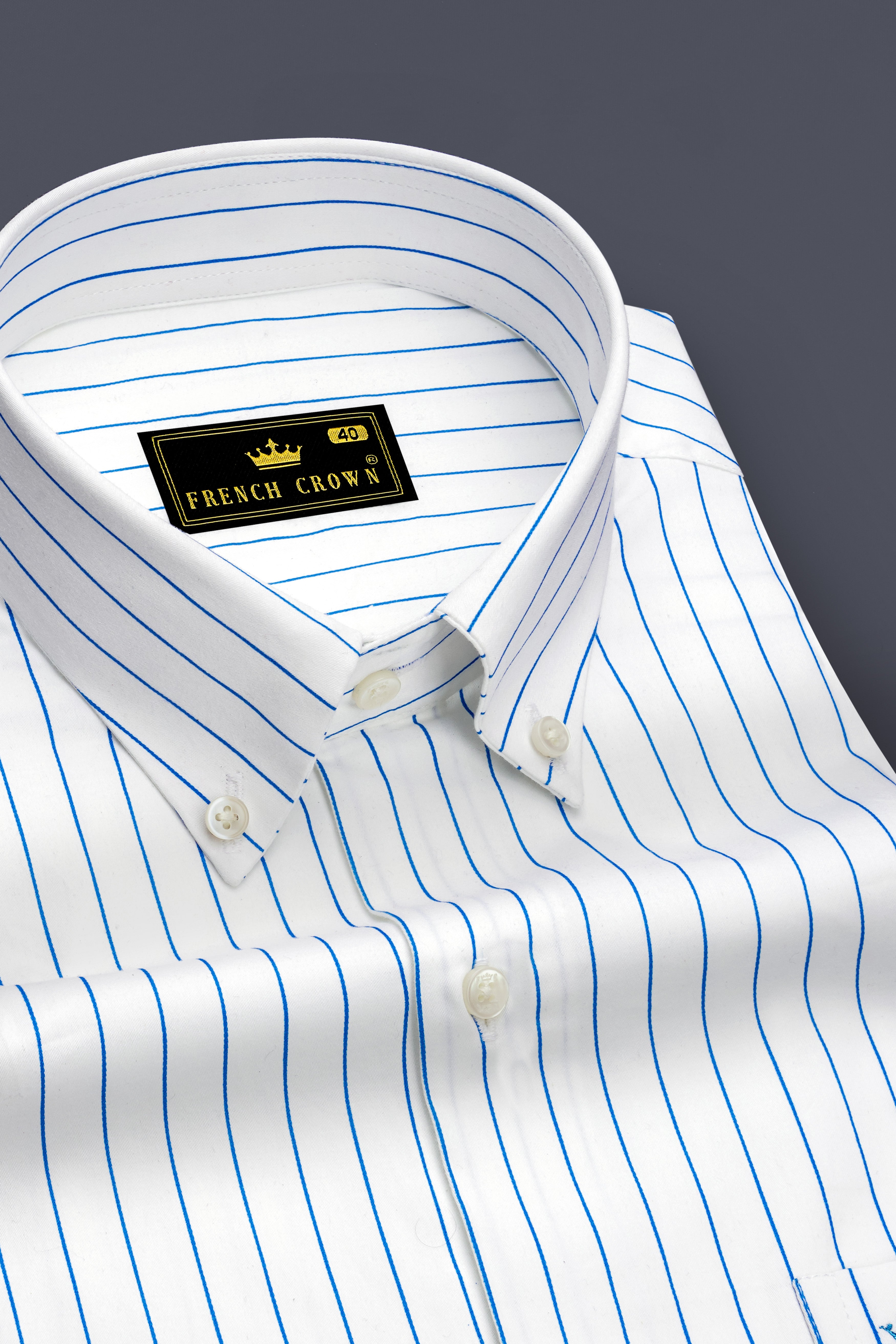 Azurline-Bright White And Havelock Blue Pin Striped Subtle Sheen Super Soft Premium Cotton Button Down Collar Dress Shirt