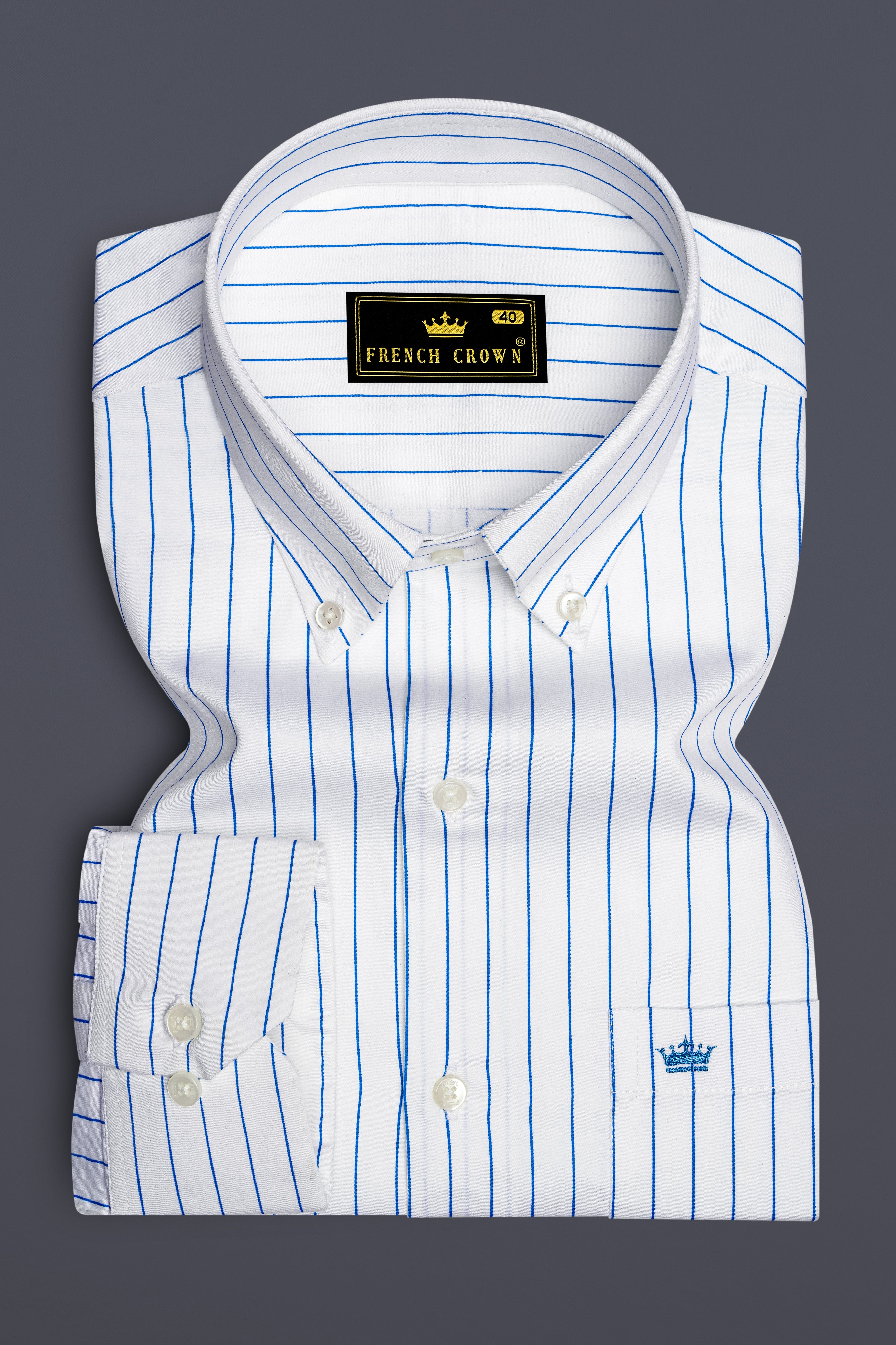 Azurline-Bright White And Havelock Blue Pin Striped Subtle Sheen Super Soft Premium Cotton Button Down Collar Dress Shirt