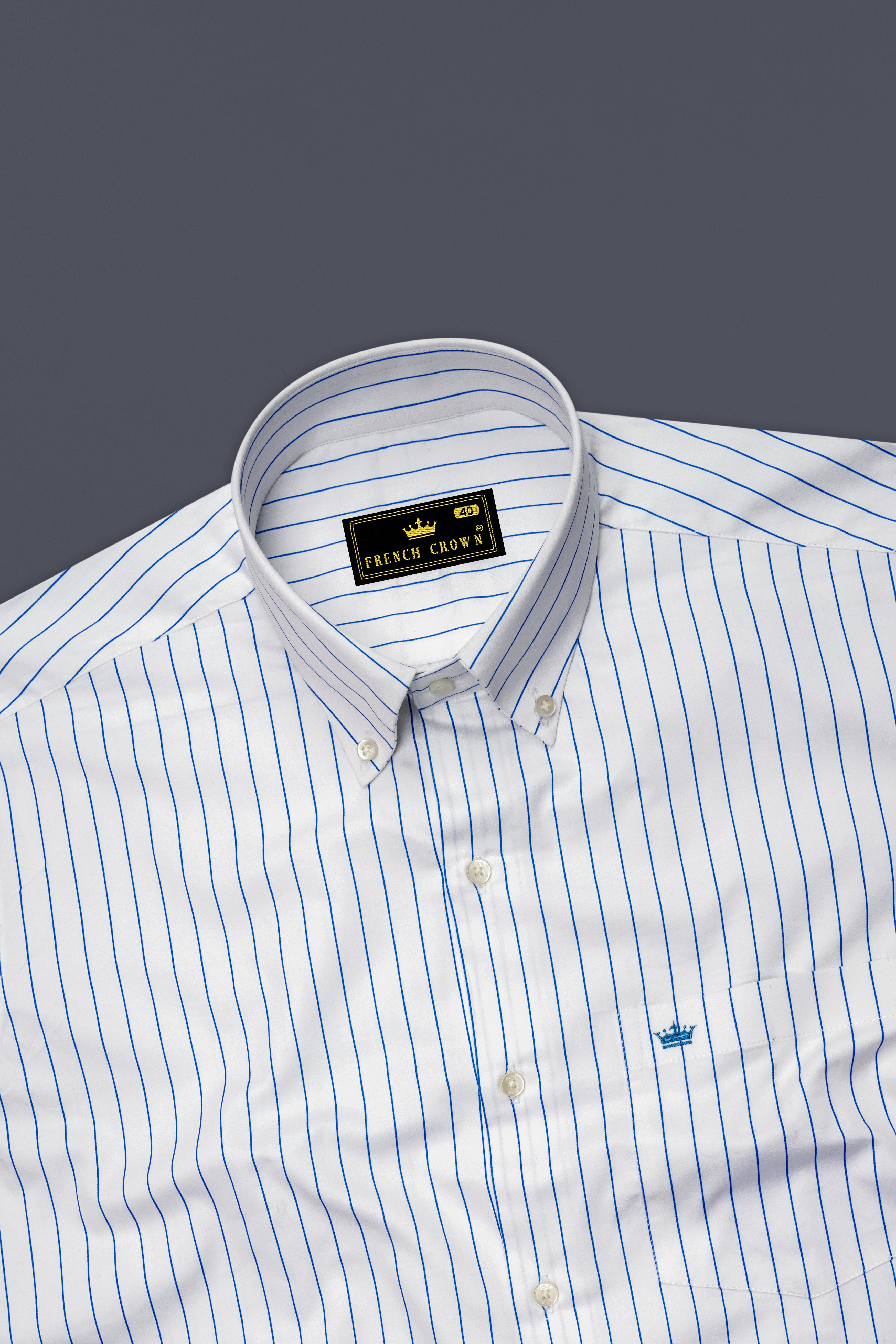 Azurline-Bright White And Havelock Blue Pin Striped Subtle Sheen Super Soft Premium Cotton Button Down Collar Dress Shirt