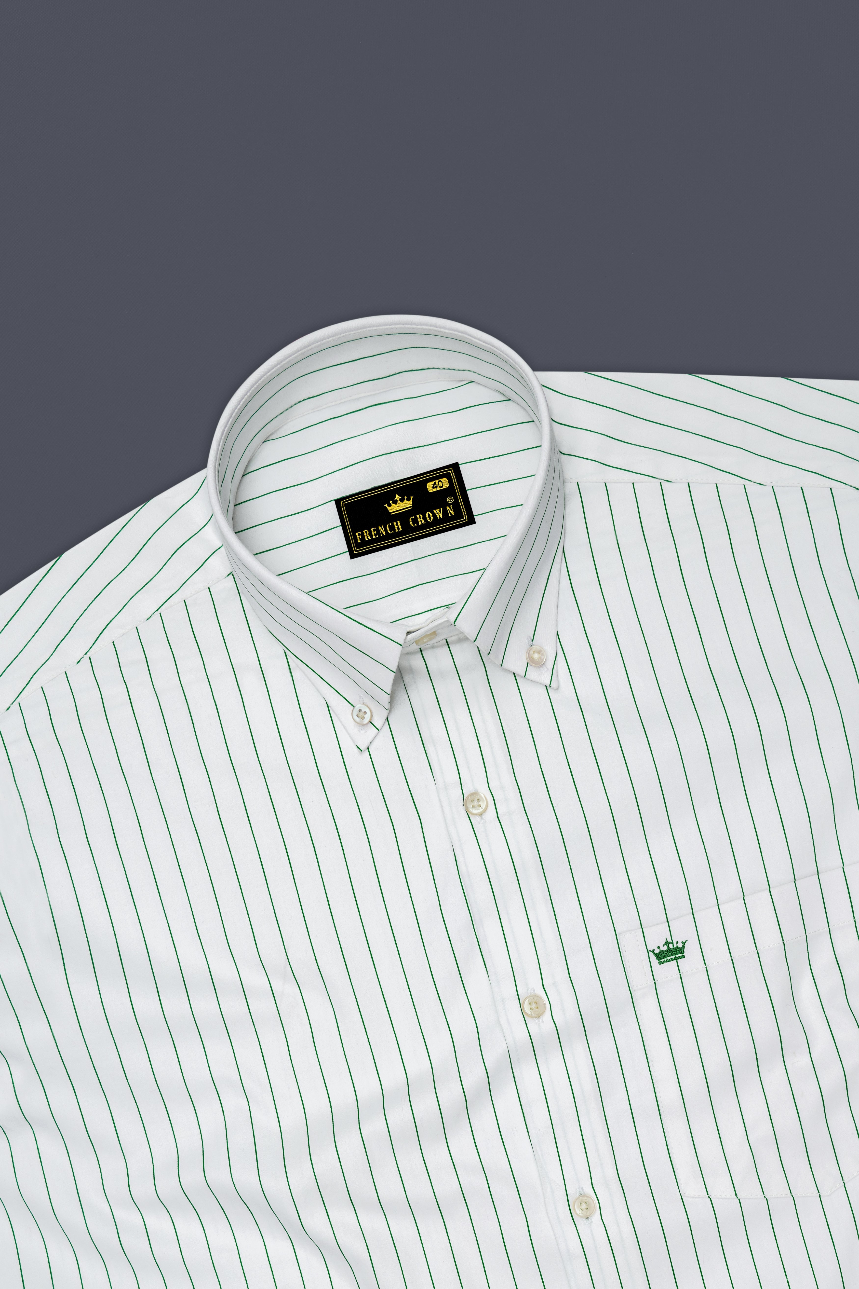 Verdoro-Bright White And Camarone Green Pin Striped Subtle Sheen Super Soft Premium Cotton Button Down Collar Dress Shirt