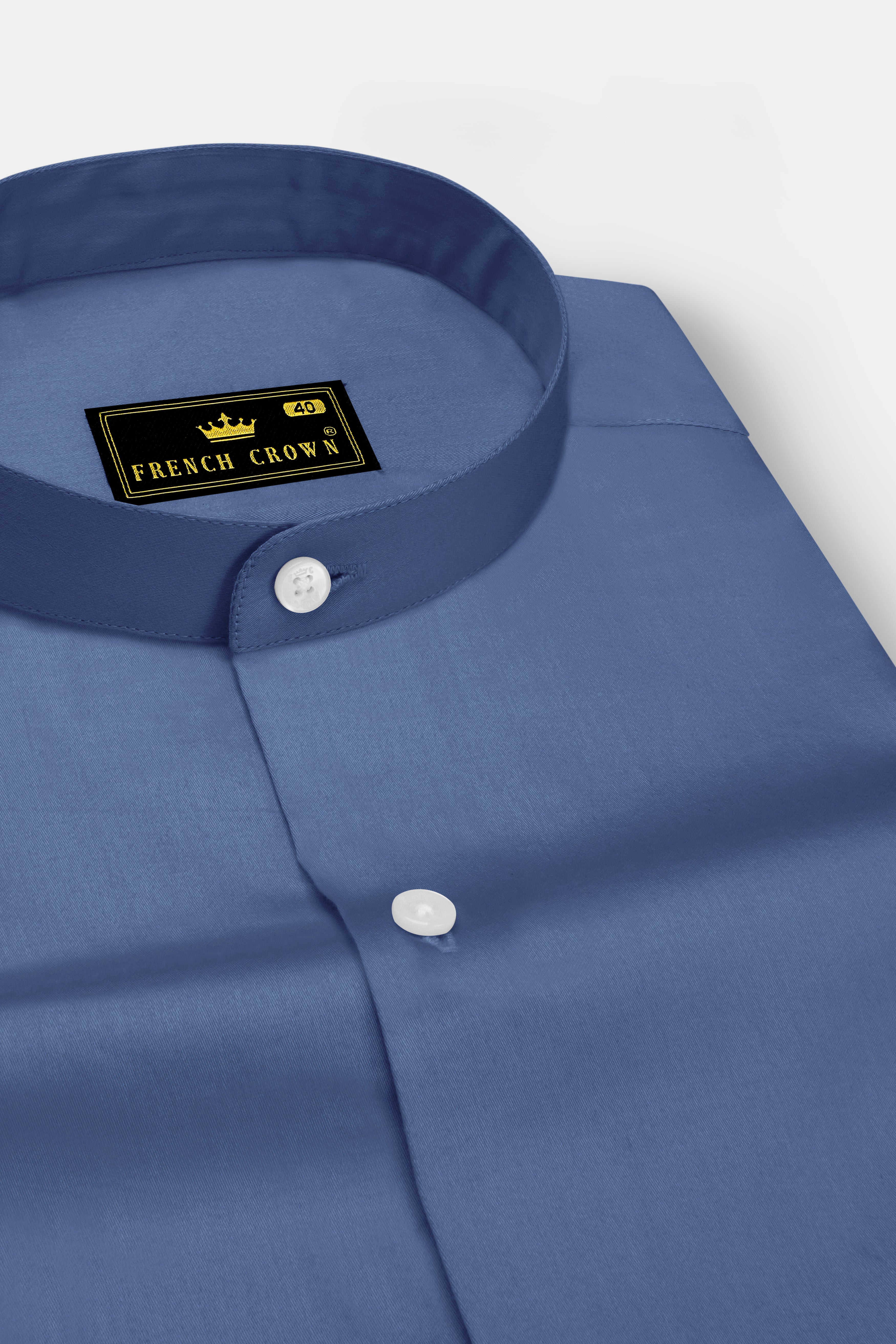 Azurion-Dusky Blue Subtle Sheen Super Soft Premium Cotton Mandarin Dress Shirt