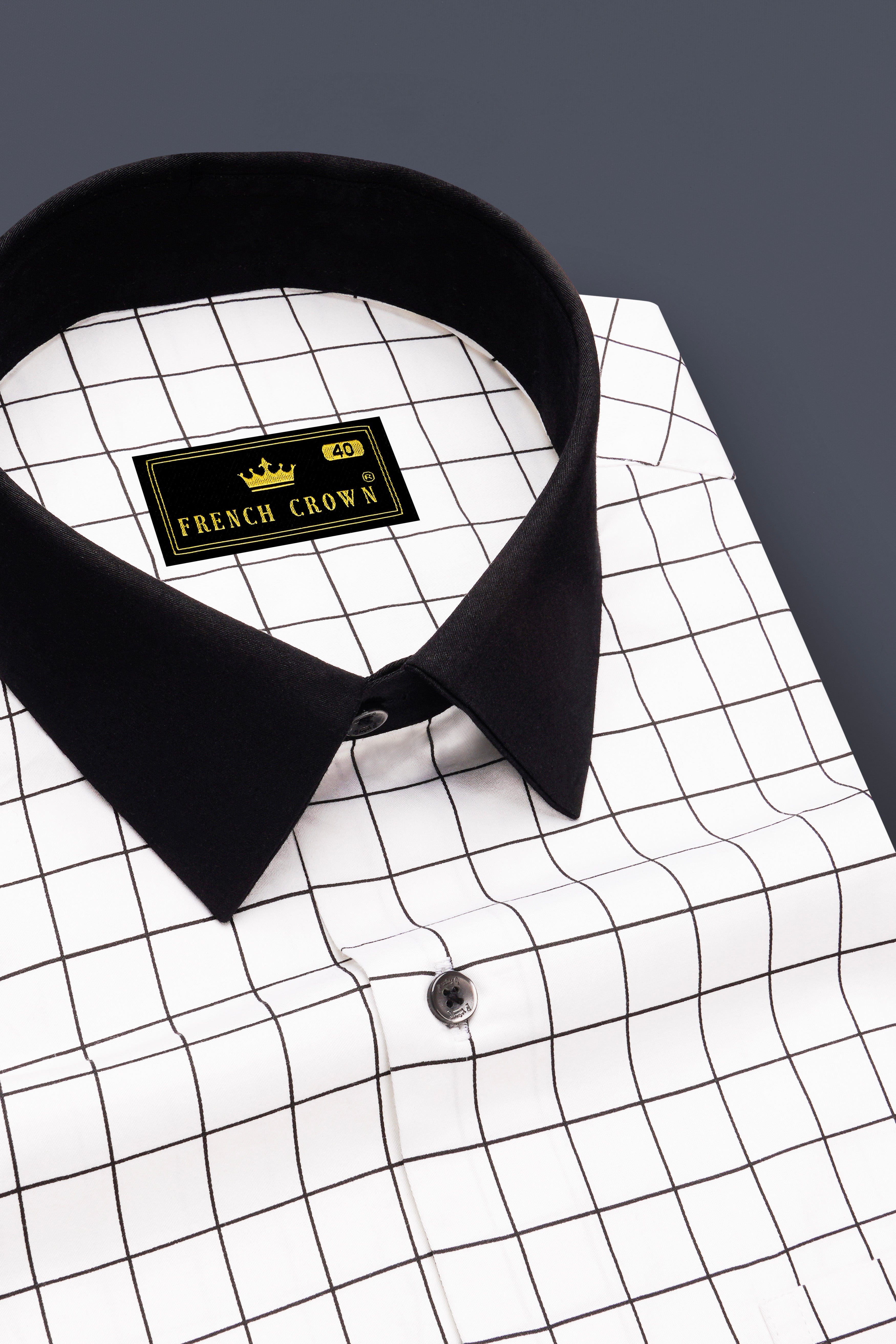 Panoro-Bright White And Jade Black Windowpane Subtle Sheen Super Soft Premium Cotton Dress Black Cuff Collar Shirt