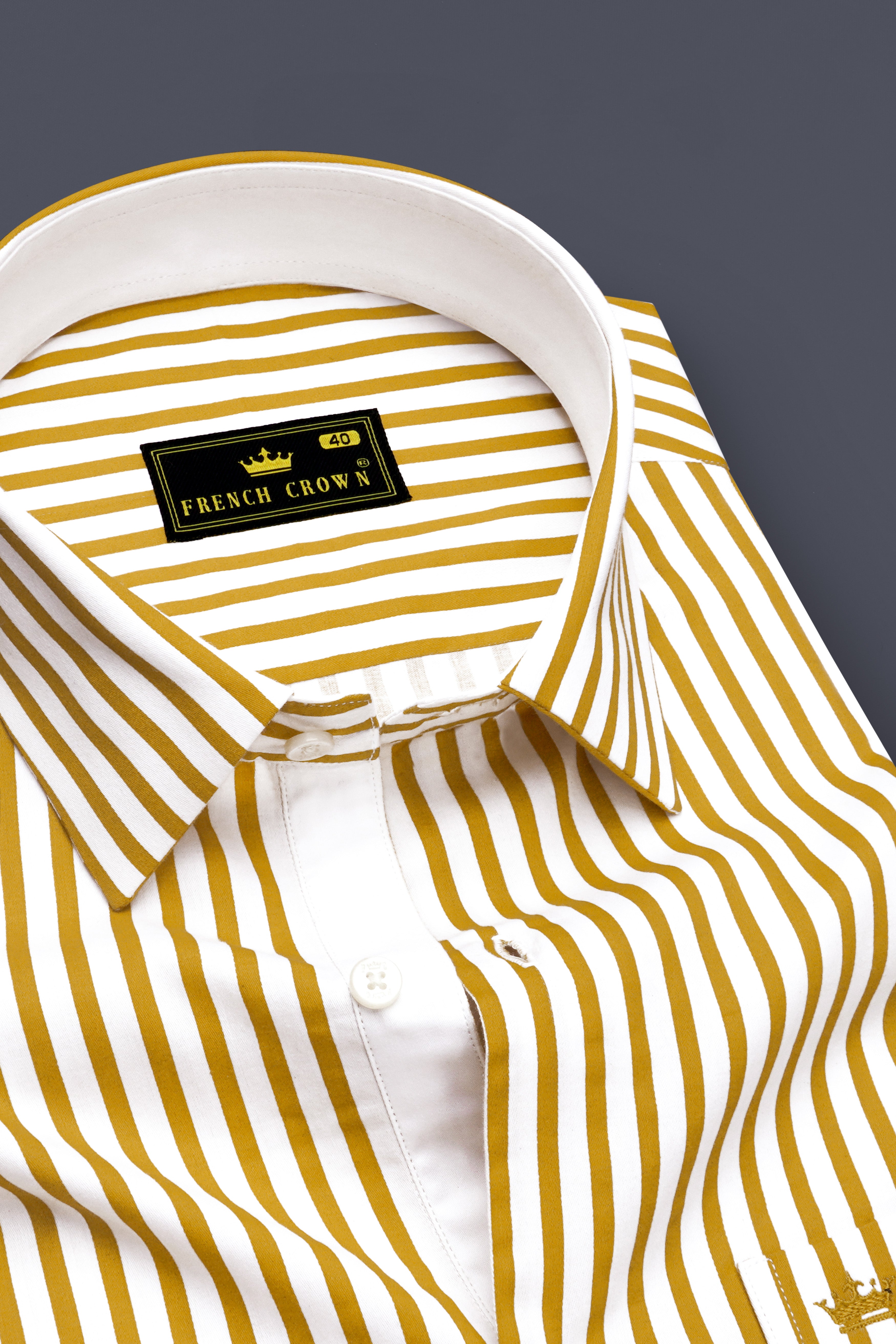 Terrasol-Ochre Yellow And Bright White Candy Striped Subtle Sheen Soft Premium Cotton Dress Shirt