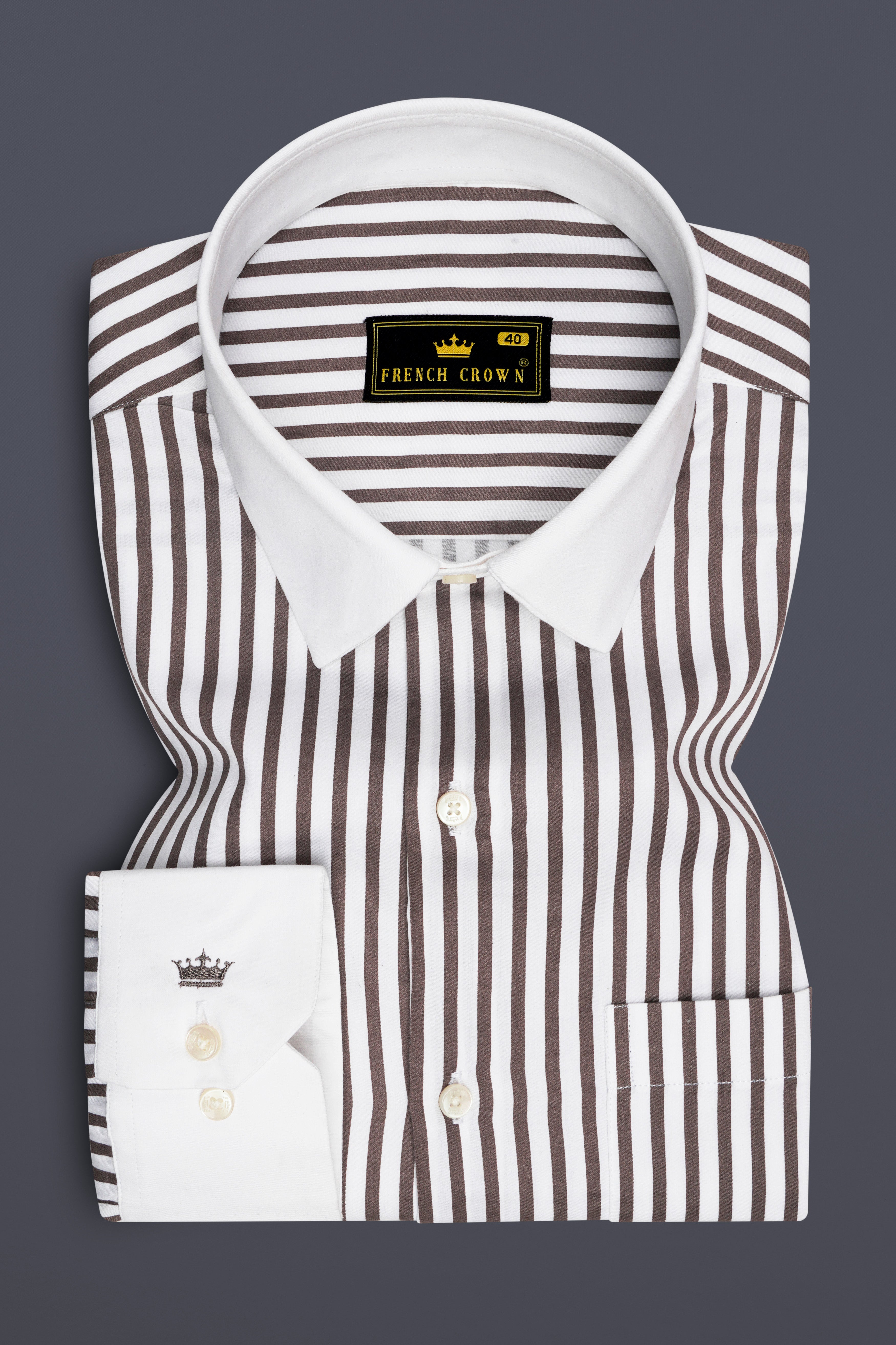 Sienna-Russett Brown And Bright White Candy Striped Super Soft Premium Cotton Dress White Cuff Collar Shirt