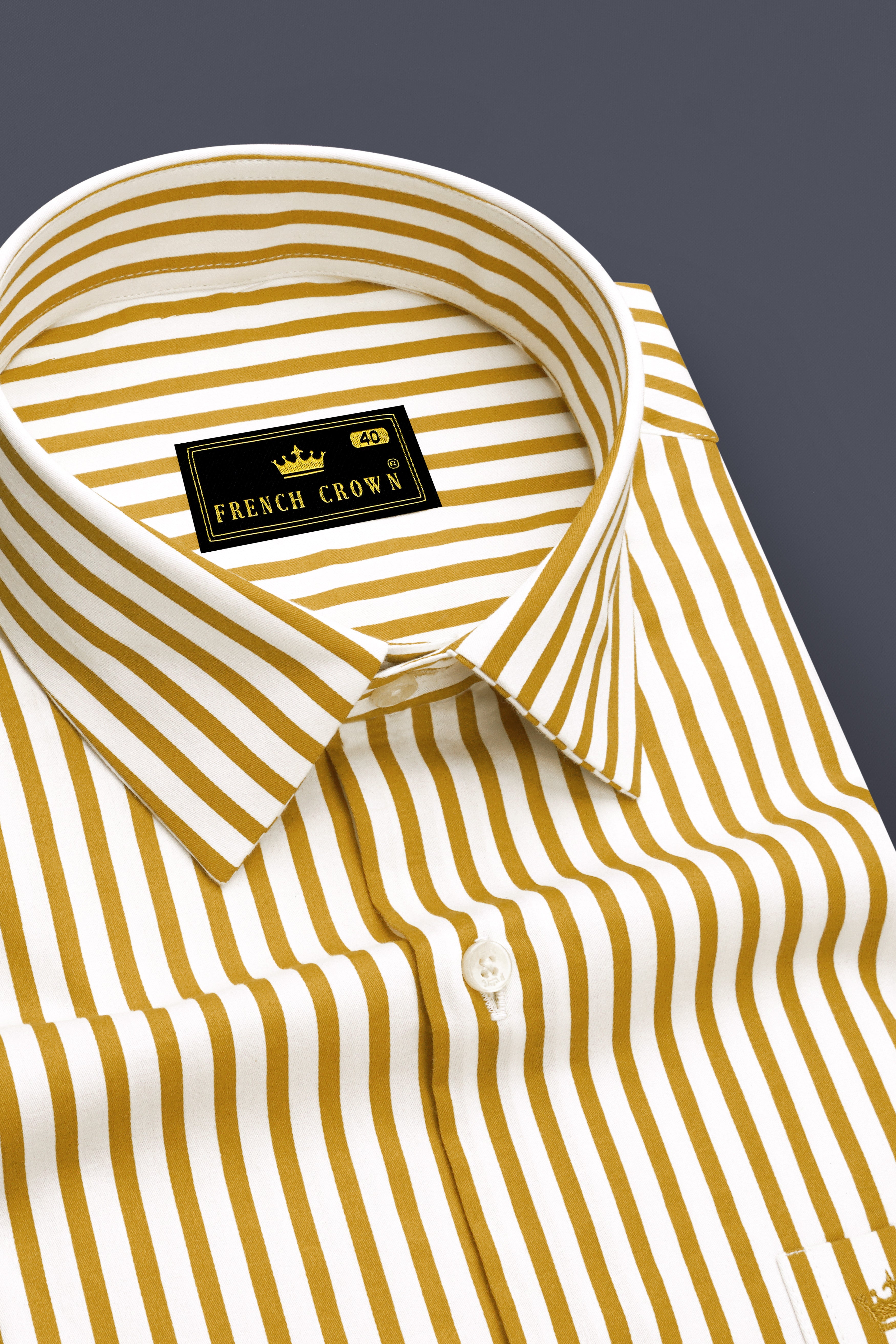 Terrasol-Ochre Yellow And Bright White Candy Striped Subtle Sheen Super Soft Premium Cotton Dress Shirt