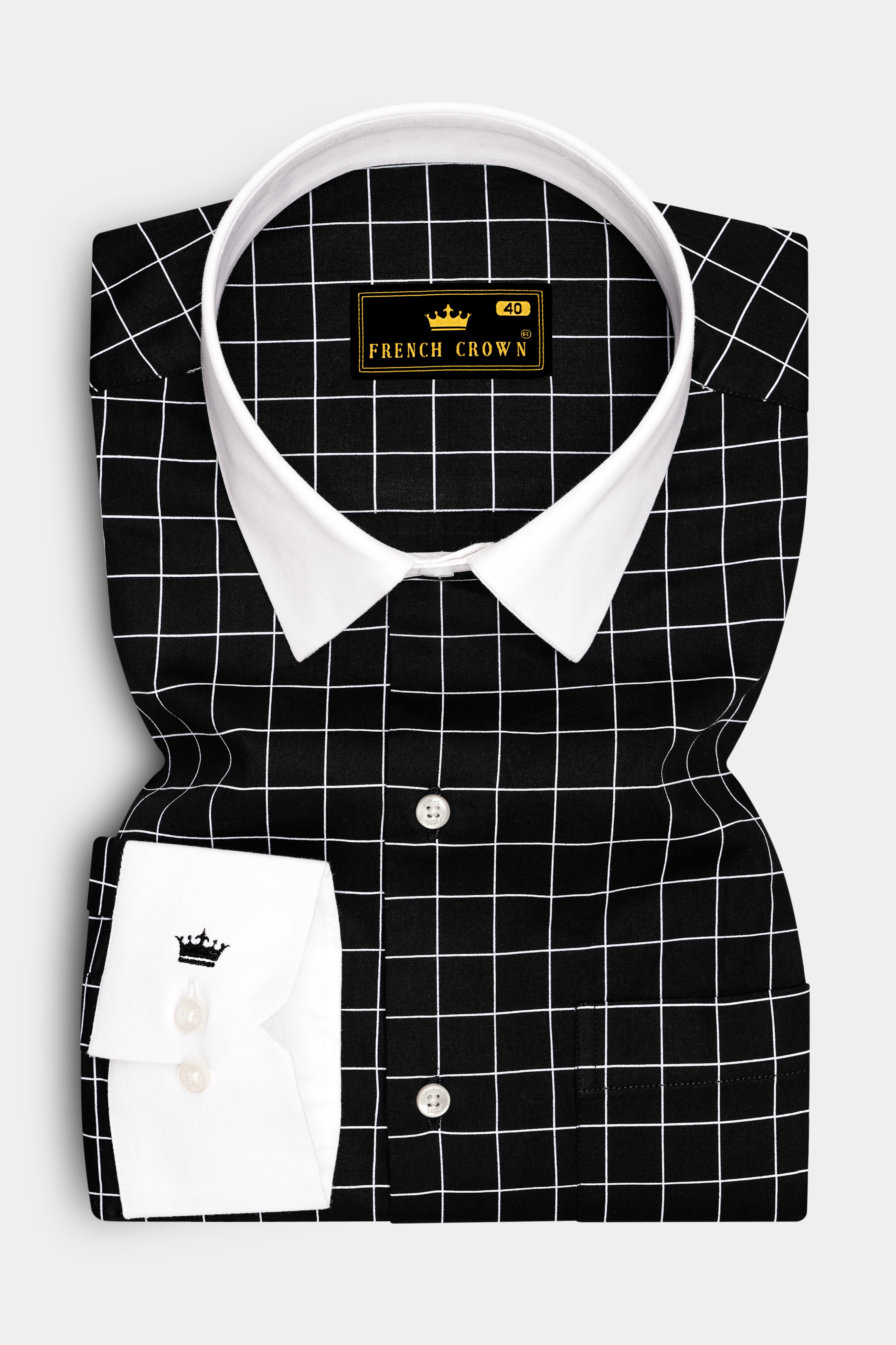 Obsidian-Jade Black And Bright White Windowpane Subtle Sheen Super Soft Premium Cotton Dress White Cuff Collar Shirt