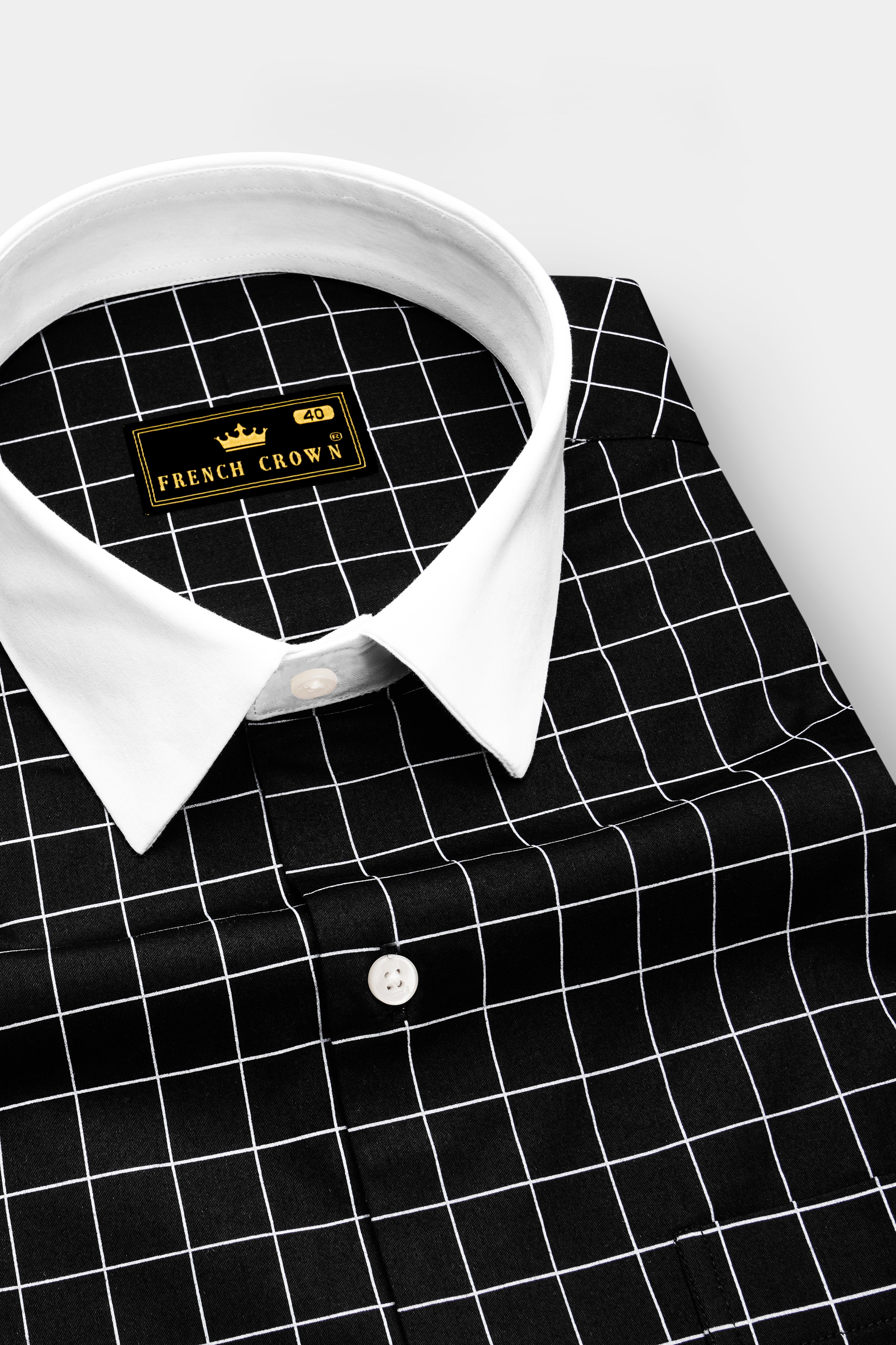 Obsidian-Jade Black And Bright White Windowpane Subtle Sheen Super Soft Premium Cotton Dress White Cuff Collar Shirt
