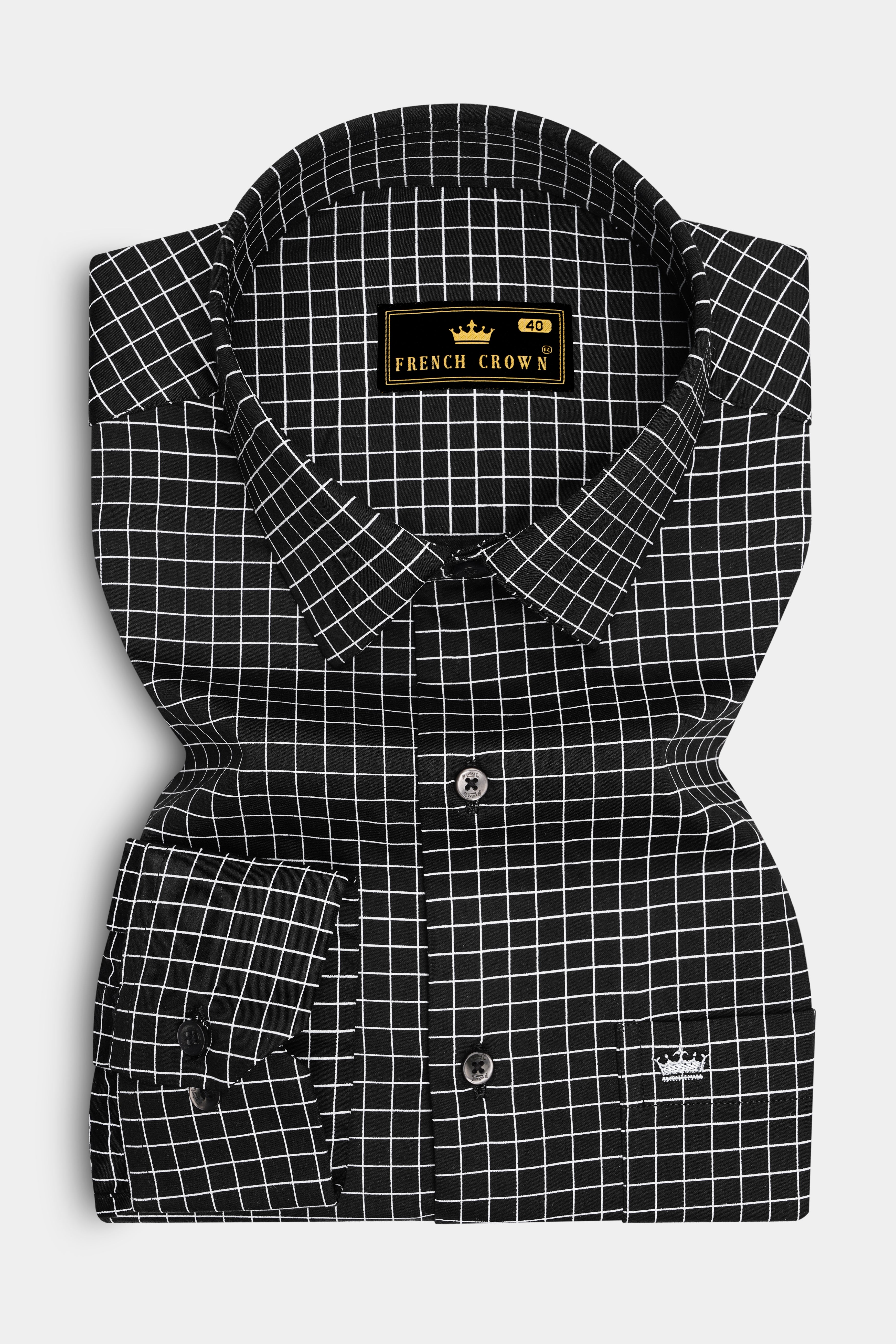 Ebon-Jade Black And Bright White Plaid Subtle Sheen Super Soft Premium Cotton Dress Shirt