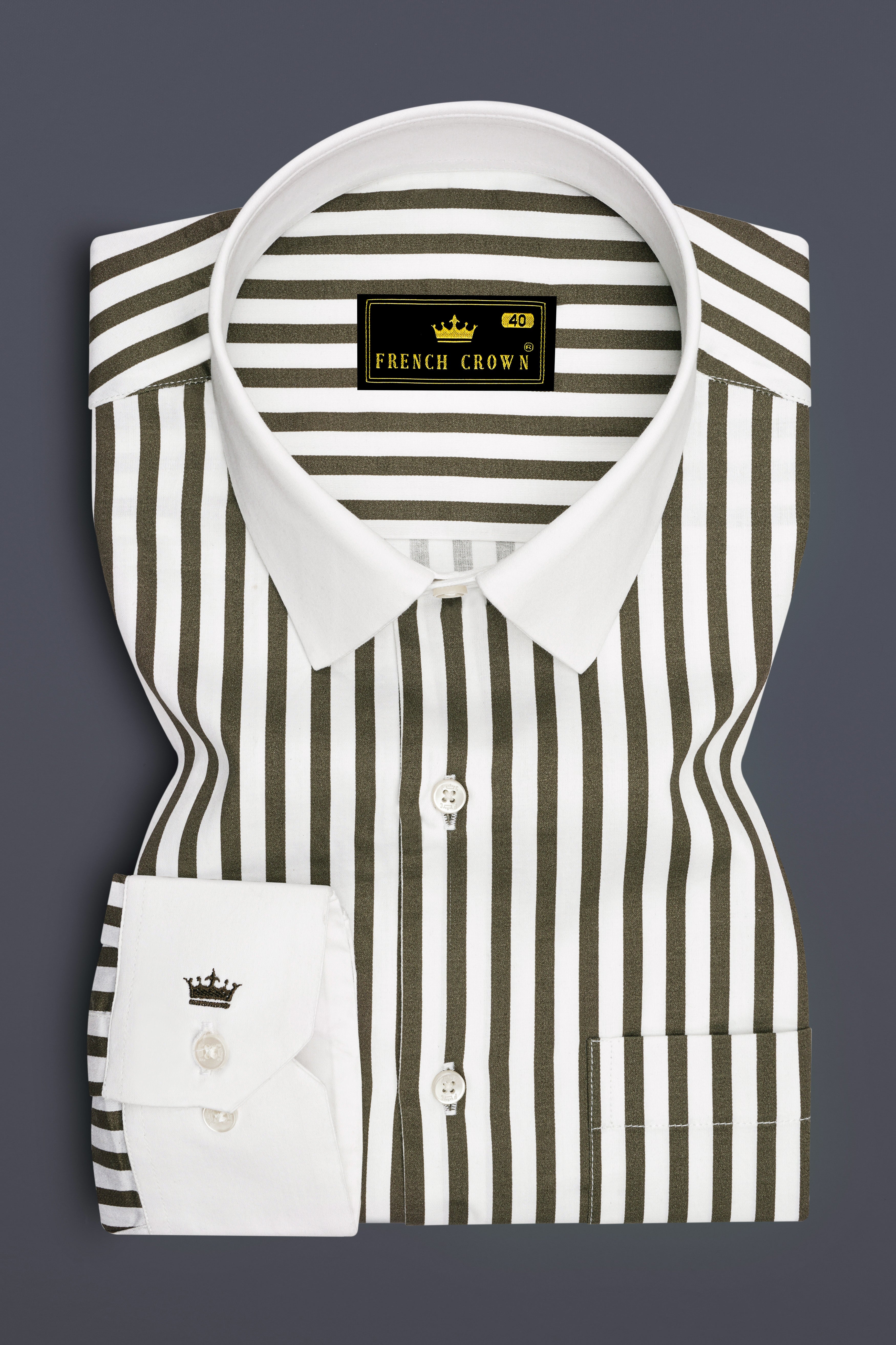 Meadow-Hemlock Green And Bright White Candy Striped Super Soft Premium Cotton Dress White Cuff Collar Shirt