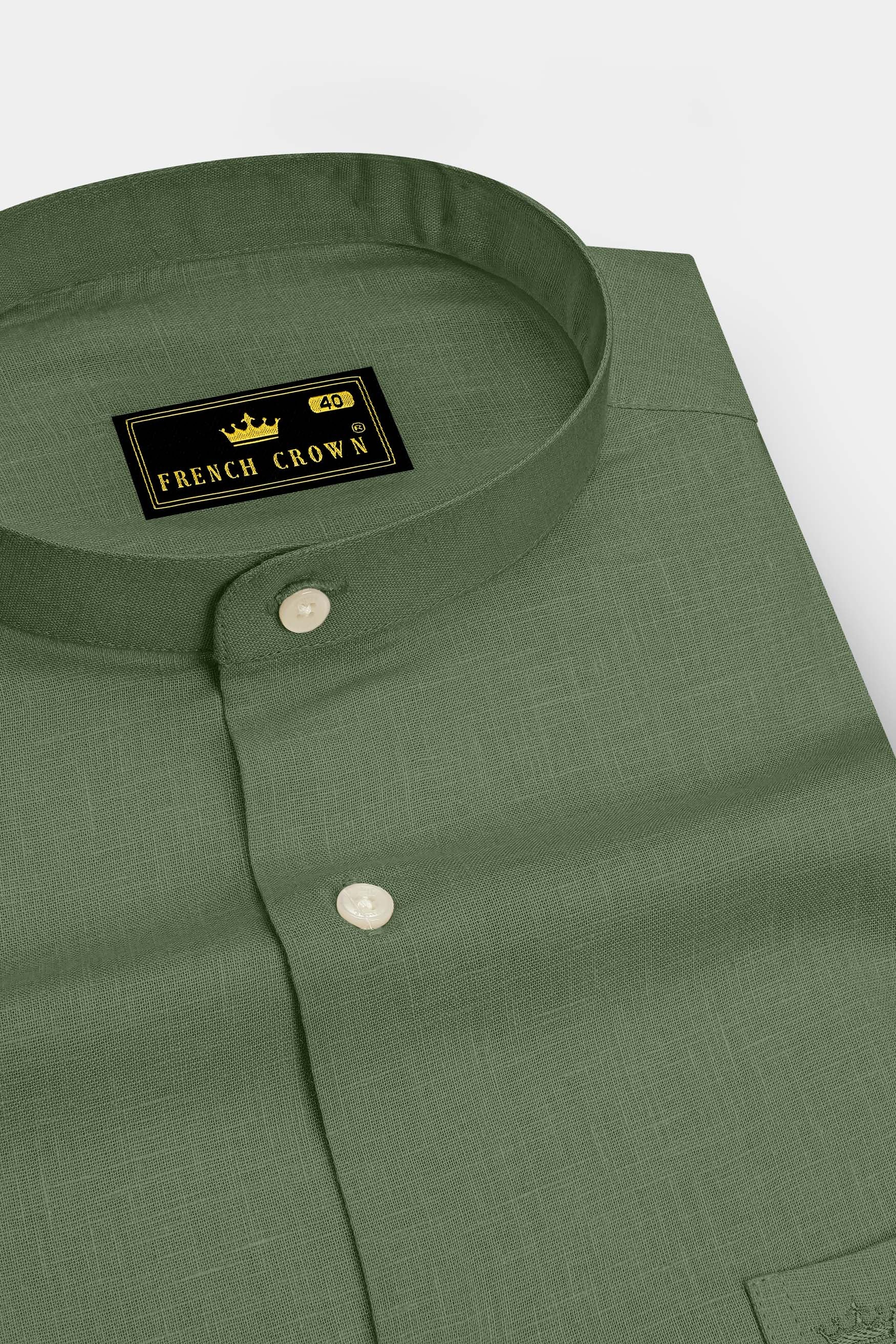 Emerald-Merlin Green Luxurious Linen Mandarin Dress Shirt