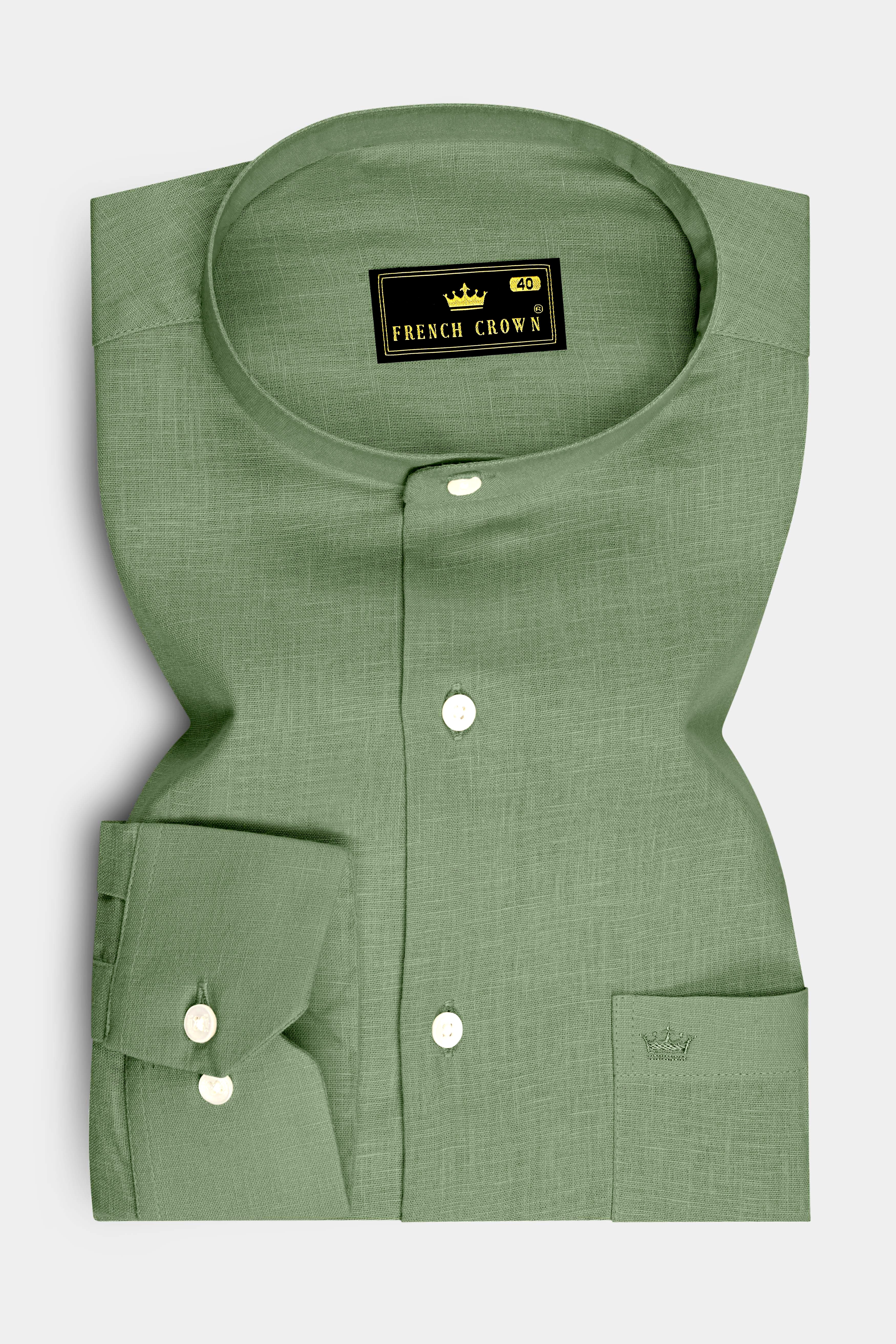 Emerald-Merlin Green Luxurious Linen Mandarin Dress Shirt