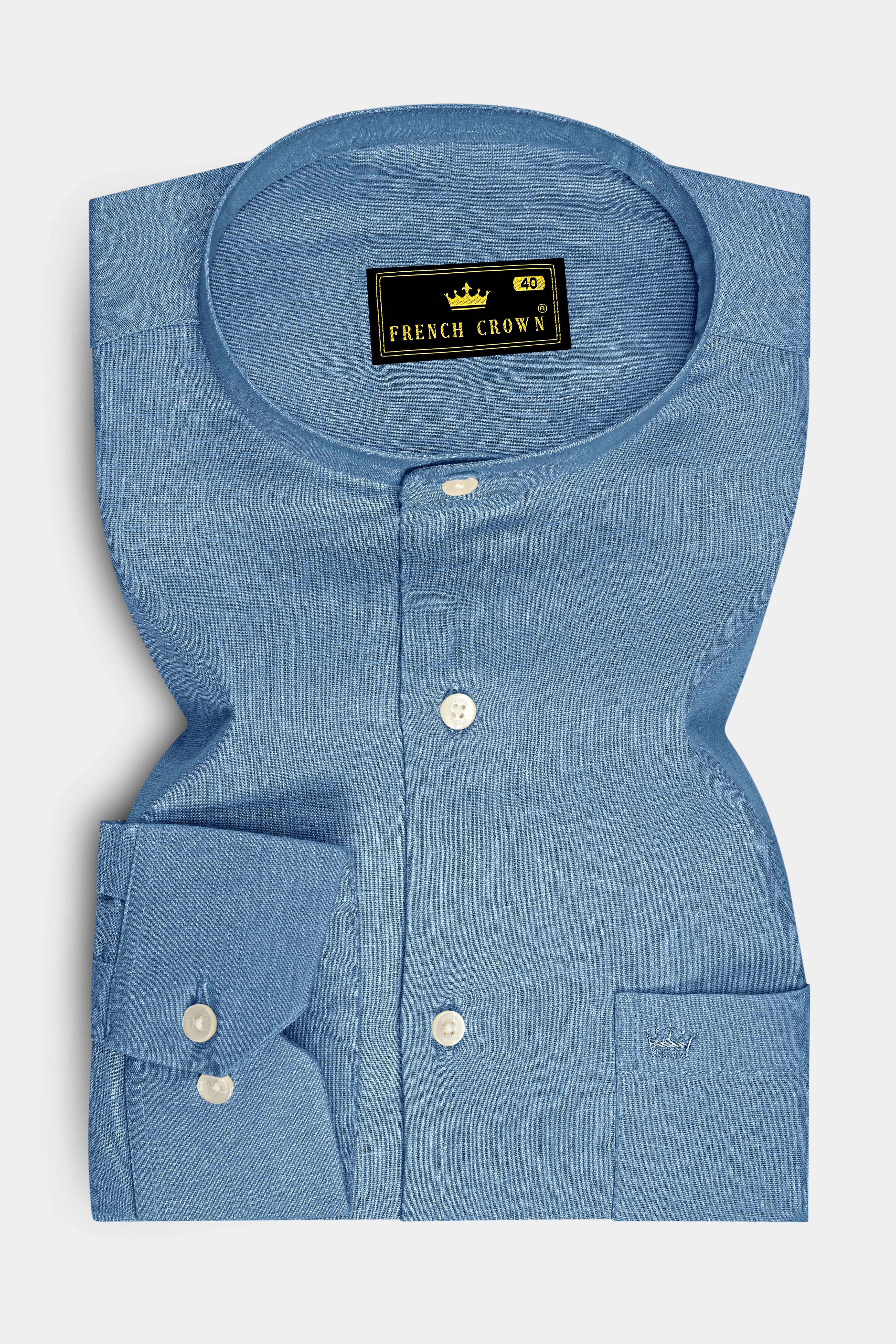 Azure-Lynch Blue Luxurious Linen Mandarin Dress Shirt