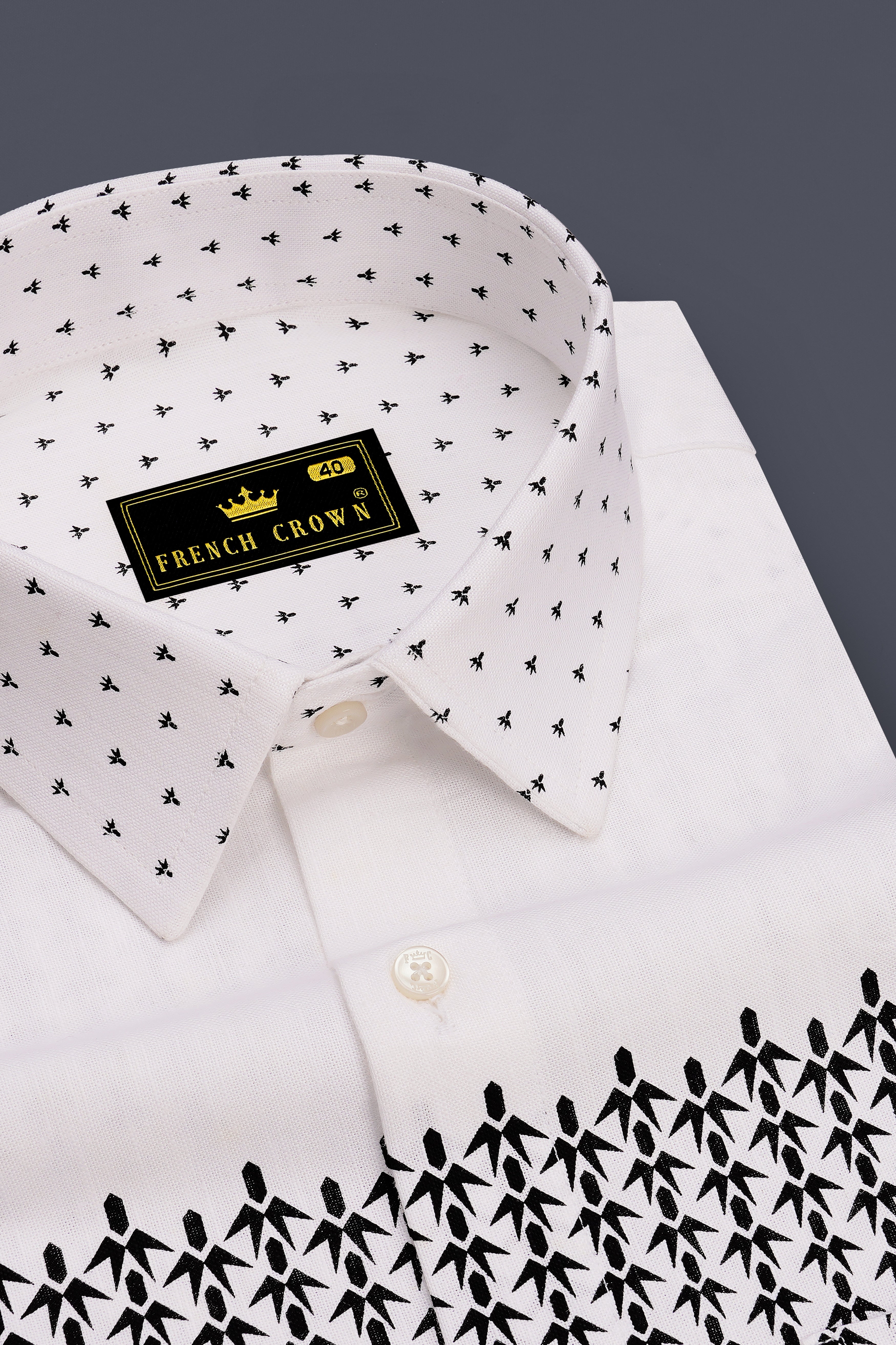 Alba-Bright White And Jade Black Minimal Motif Printed Luxurious Linen Casual Shirt