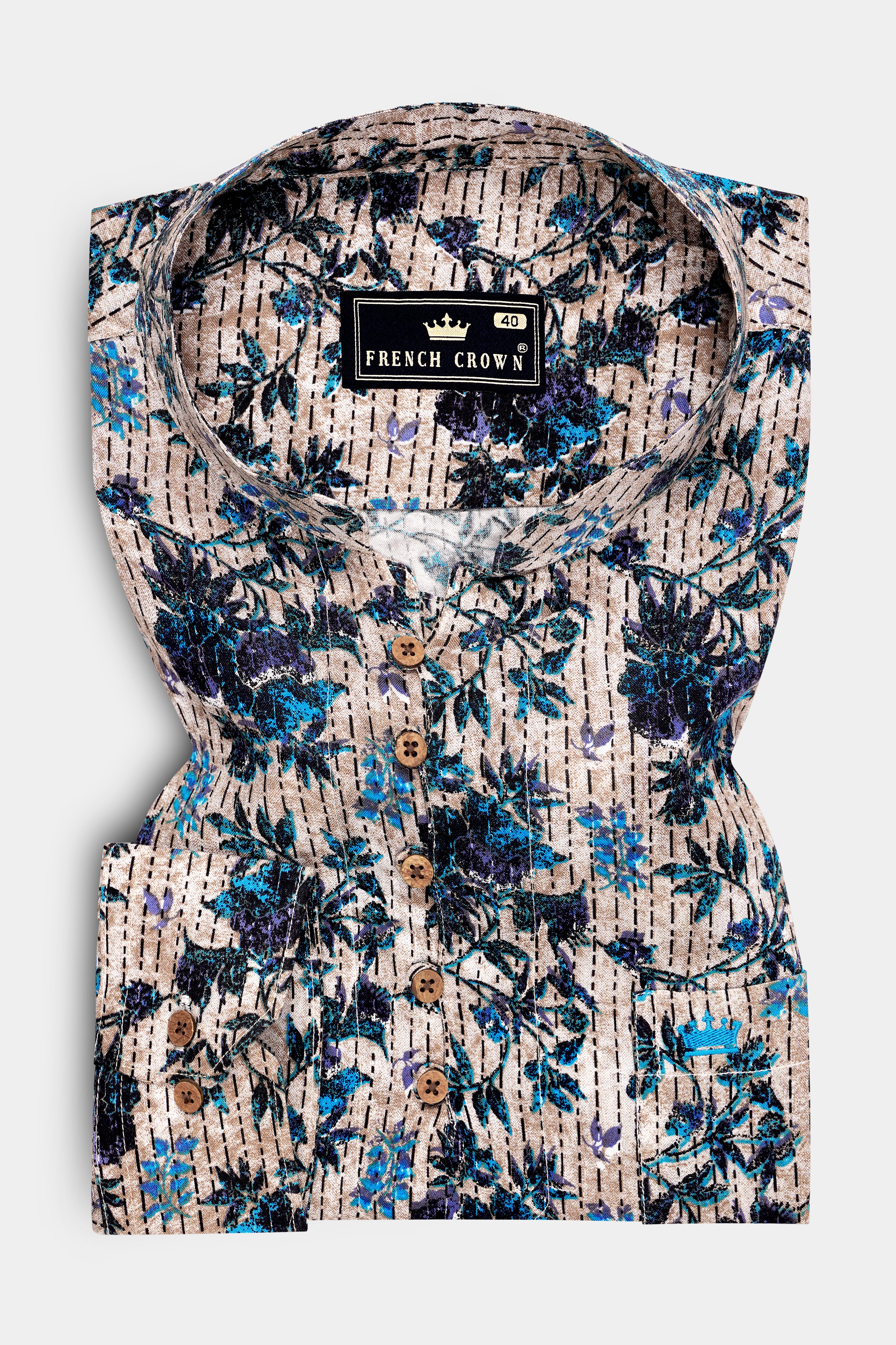 Virelle-Rodeo Cream And Curious Blue Floral Vine Printed Super Soft Tencel Casual Kurta Shirts
