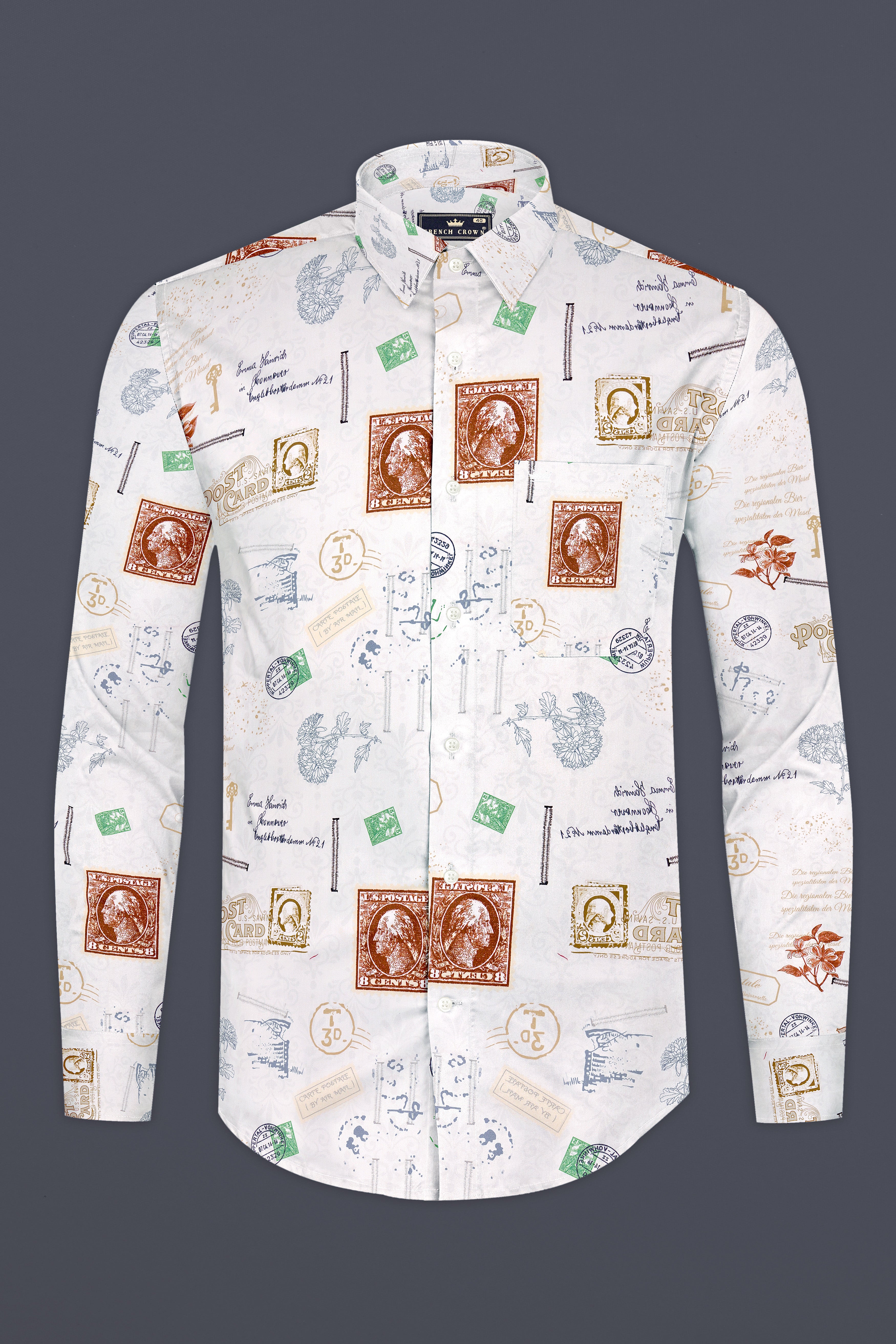 Aether-Bright White Postage Stamp Printed Subtle Sheen Super Soft Premium Cotton Casual Shirt