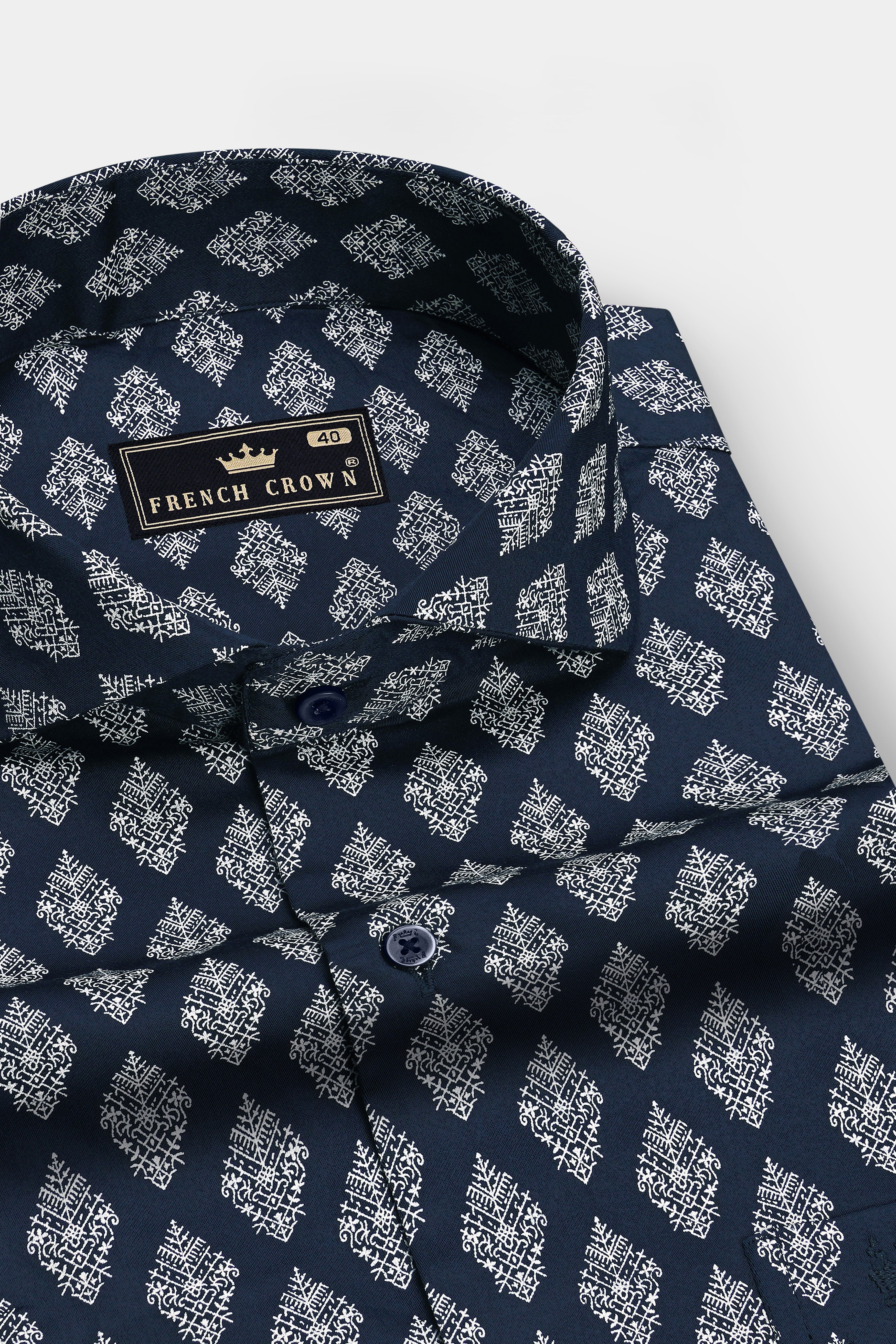 Aether-Mirage Blue Geometric Ethnic Motif Printed Subtle Sheen Super Soft Premium Cotton Dress Shirt