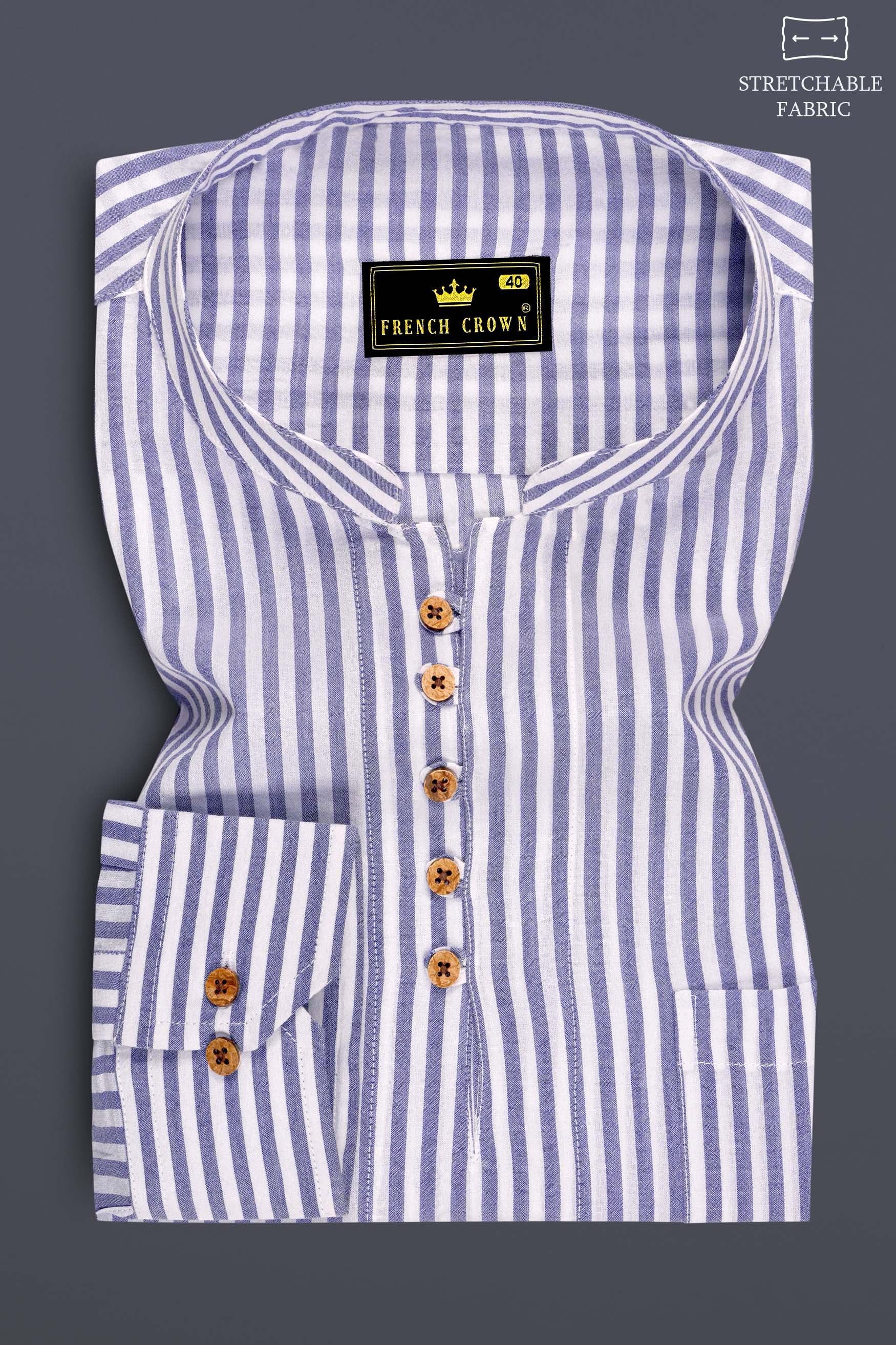 Zyra-Wisteria Blue And Bright White Striped Stretchable Super Soft Premium Cotton Casual Kurta Shirt