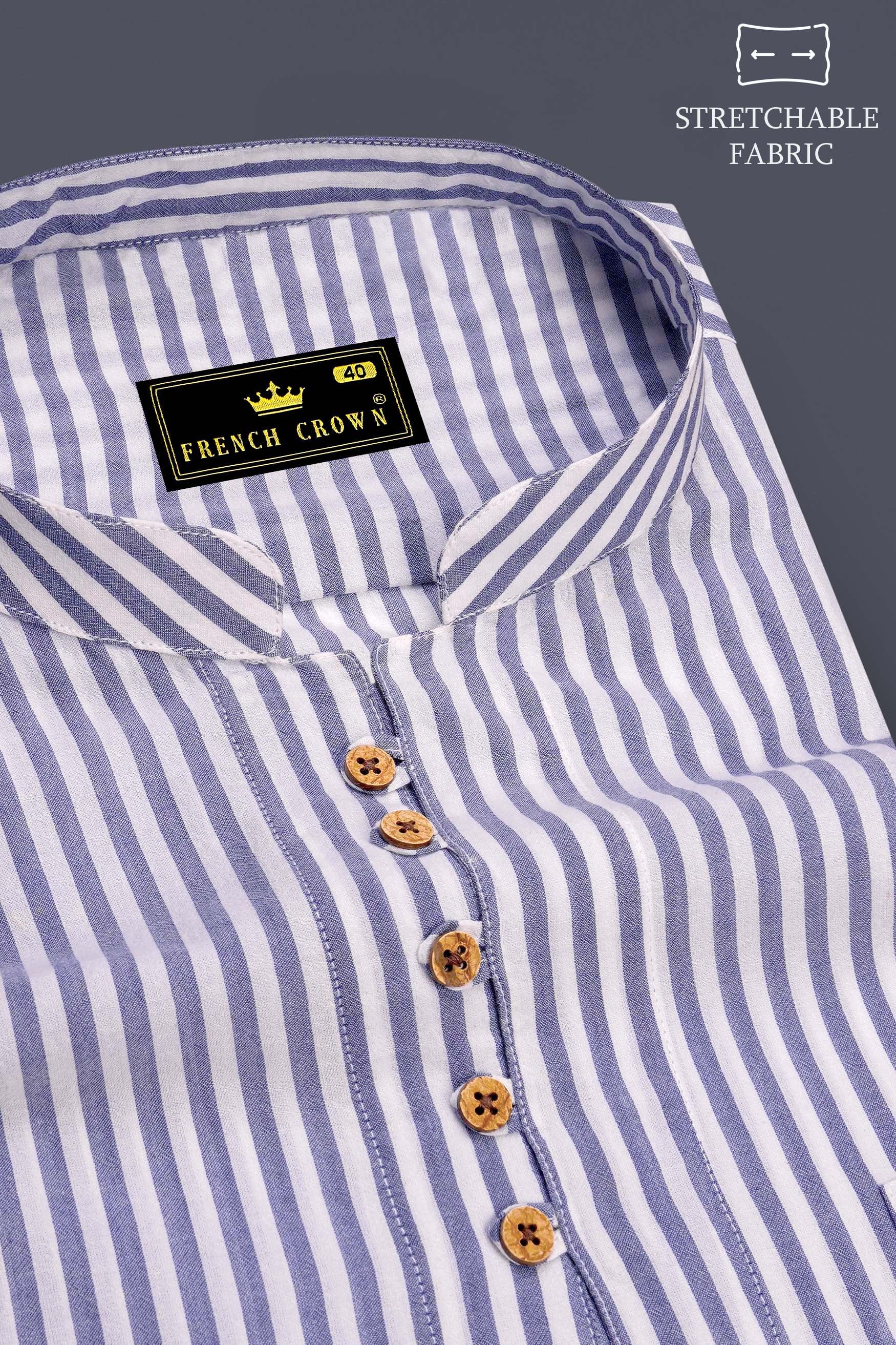 Zyra-Wisteria Blue And Bright White Striped Stretchable Super Soft Premium Cotton Casual Kurta Shirt