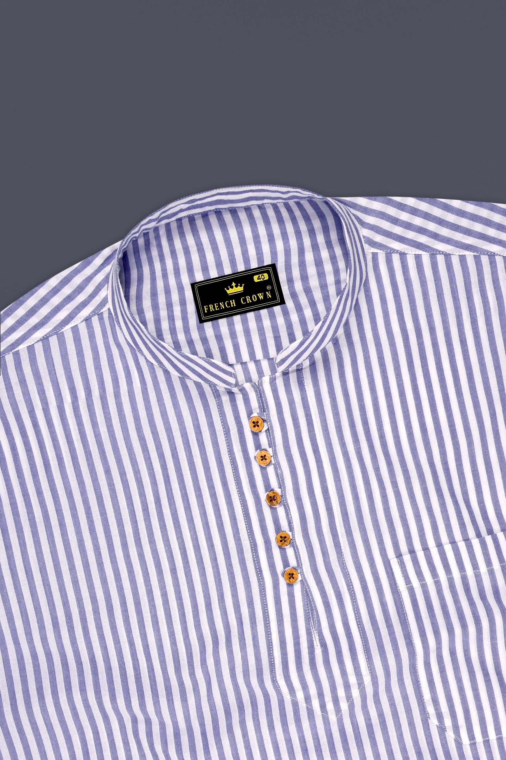 Zyra-Wisteria Blue And Bright White Striped Stretchable Super Soft Premium Cotton Casual Kurta Shirt