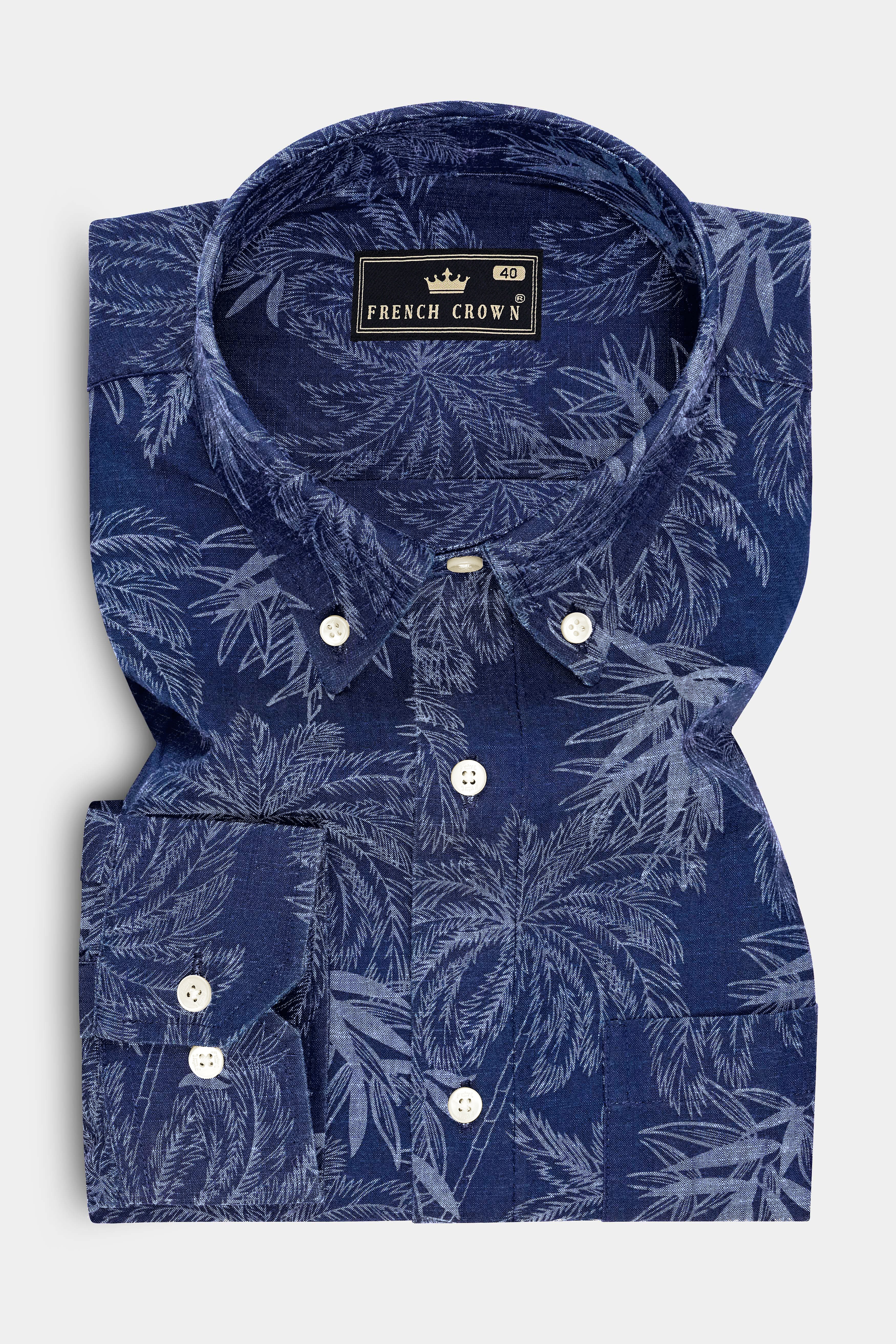 Palmora-Zodiac Blue Palm Leaf Botanical Printed Premium Denim Casual Shirt