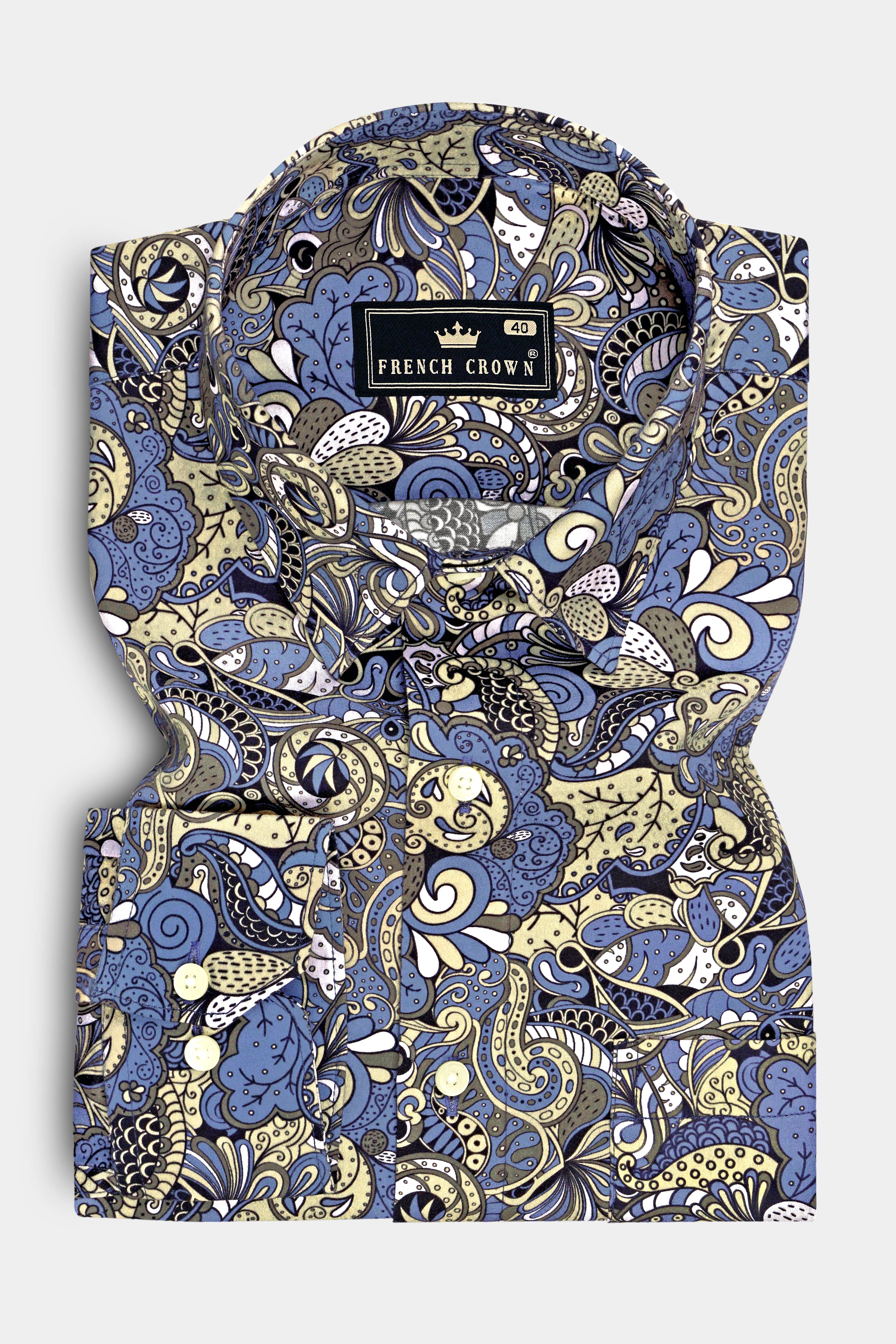Ornato-Bayoux Blue And Parmesan Yellow Bohemian Ornamental Printed Subtle Sheen Super Soft Premium Cotton Dress Shirt
