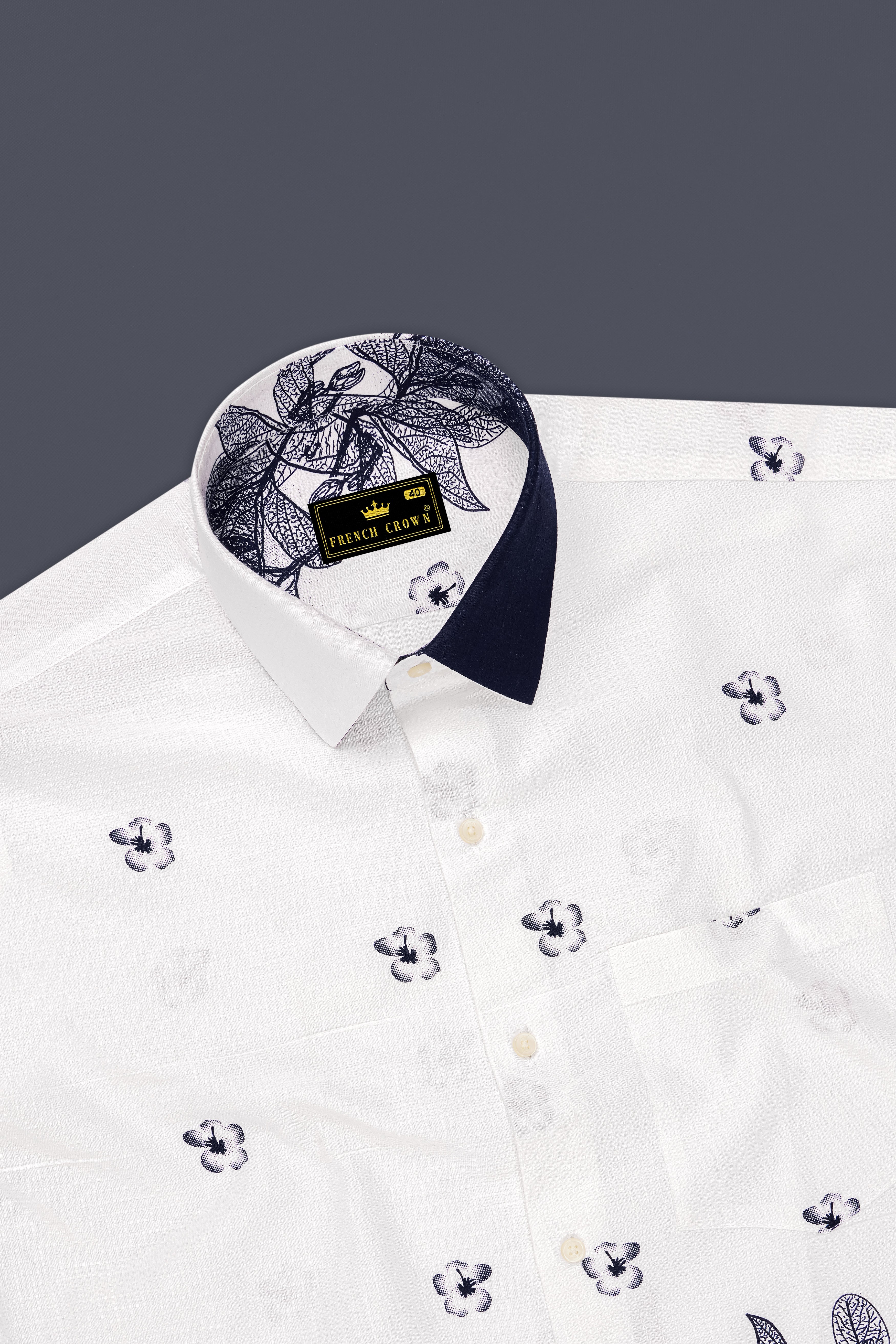 Florique-Bright White And Mirage Blue Floral Placement Printed Dobby Textured Premium Giza Cotton Casual Shirt