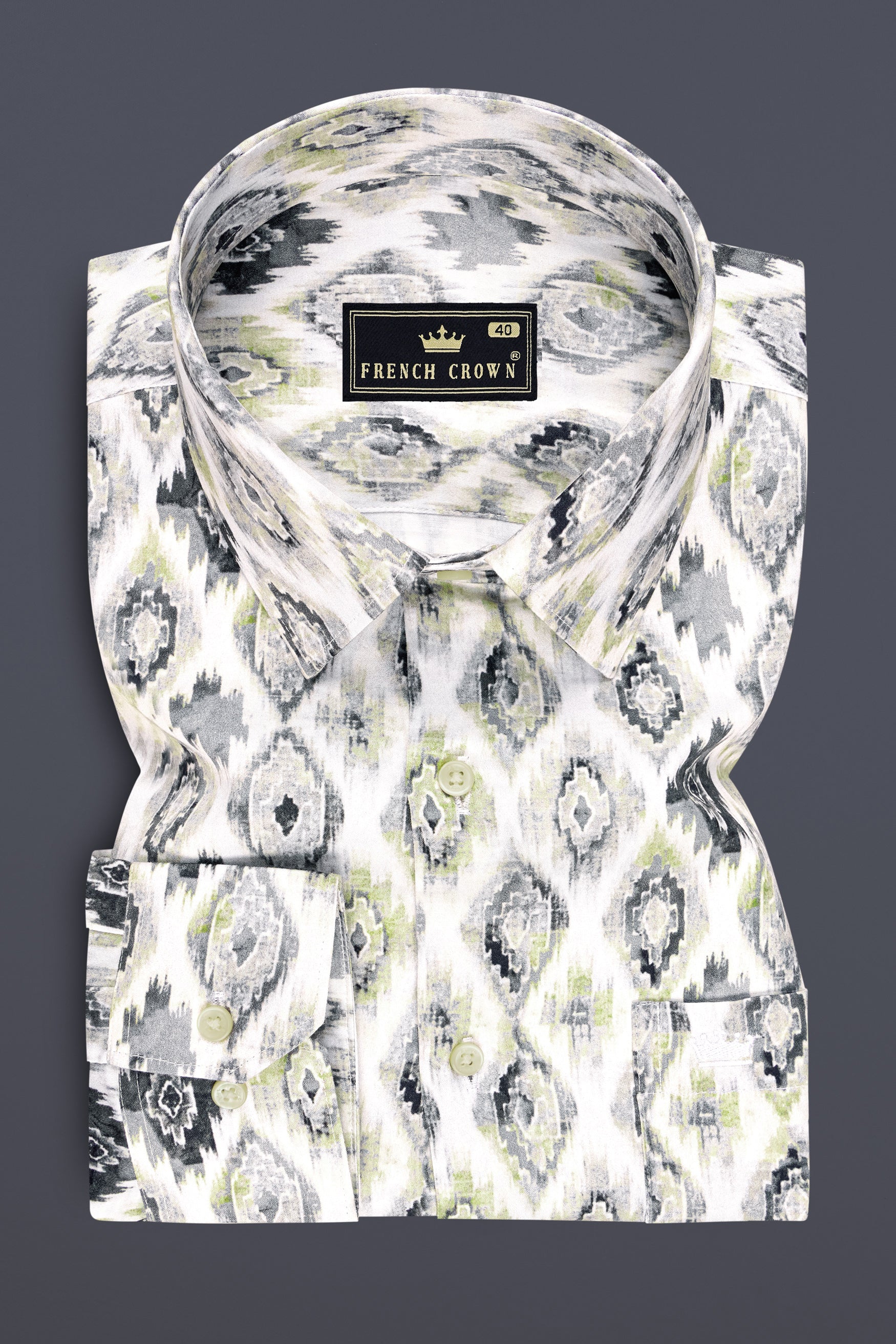 Ikzari-Bright White Tribal Ikat Printed Subtle Sheen Super Soft Premium Cotton Dress Shirt