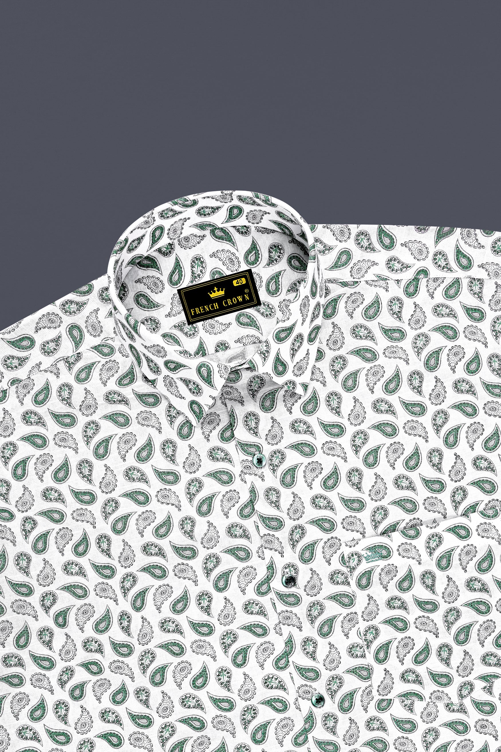 Viridian-Bright White And Viridian Green Paisley Printed Luxurious Linen Semi Formal Shirt