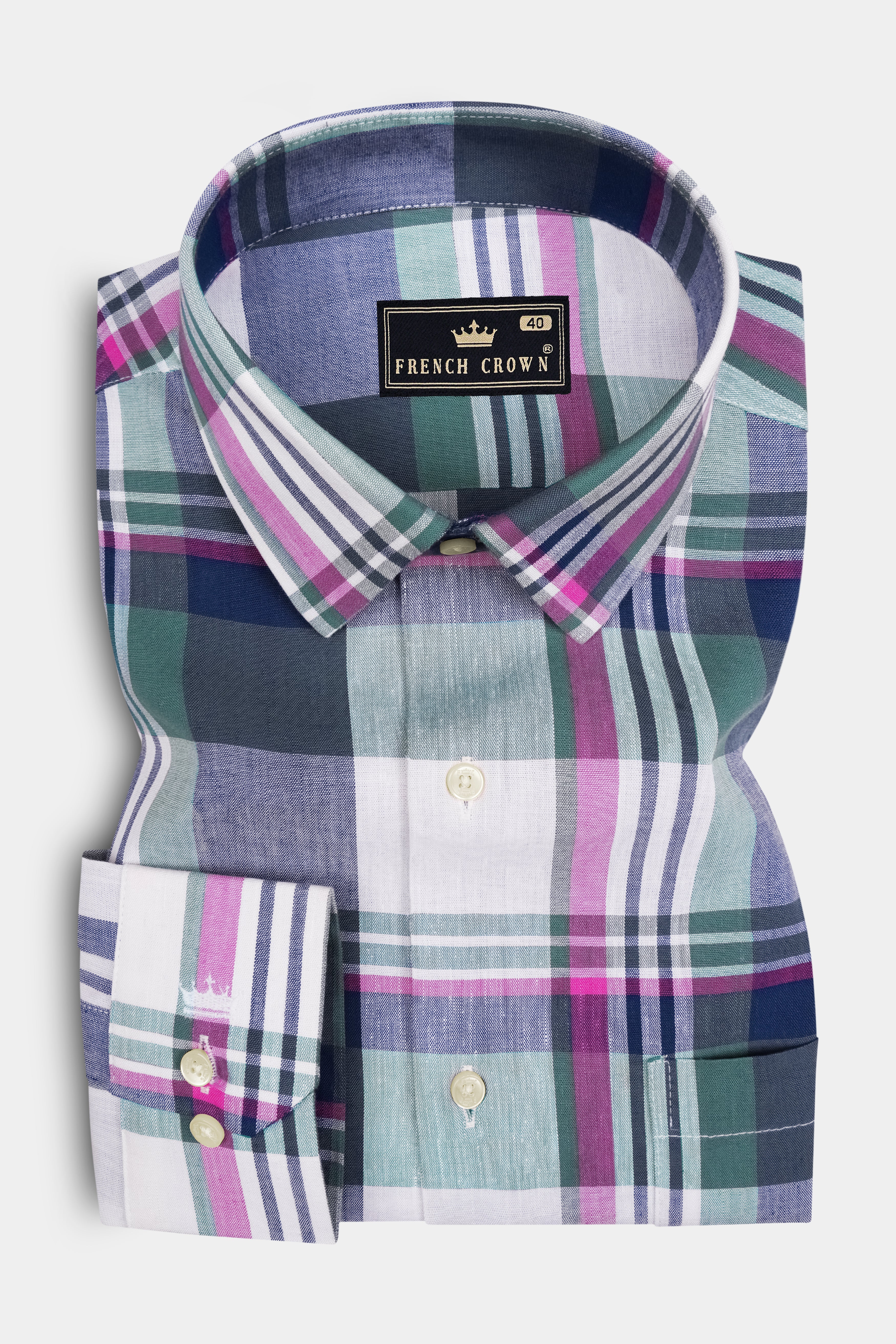 Meadow-Mineral Green And Bright White Plaid Luxurious Linen Casual Shirt
