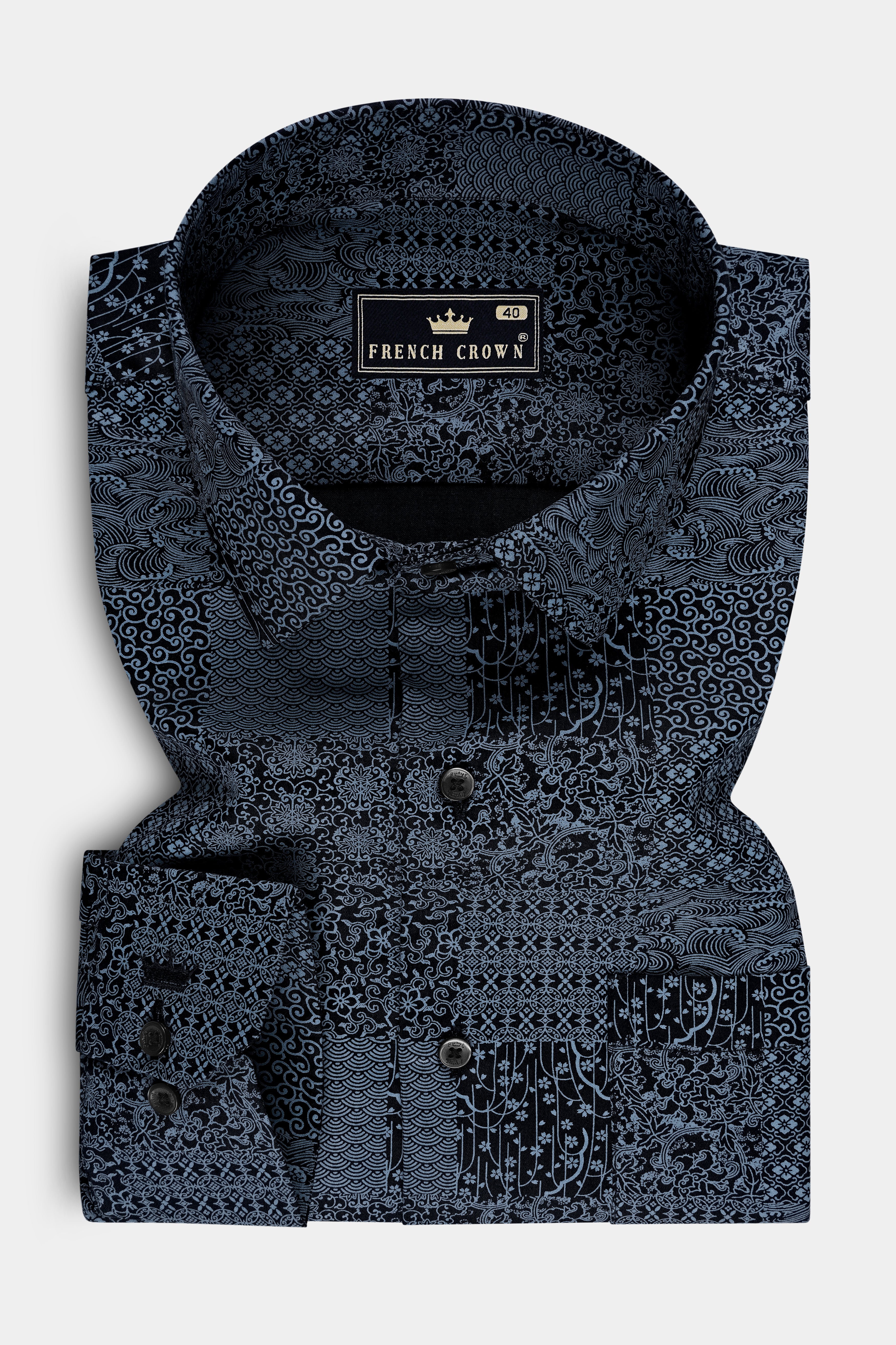Noiris-Gunmetal Blue And Jade Black Printed Subtle Sheen Super Soft Premium Cotton Semi Formal Shirt