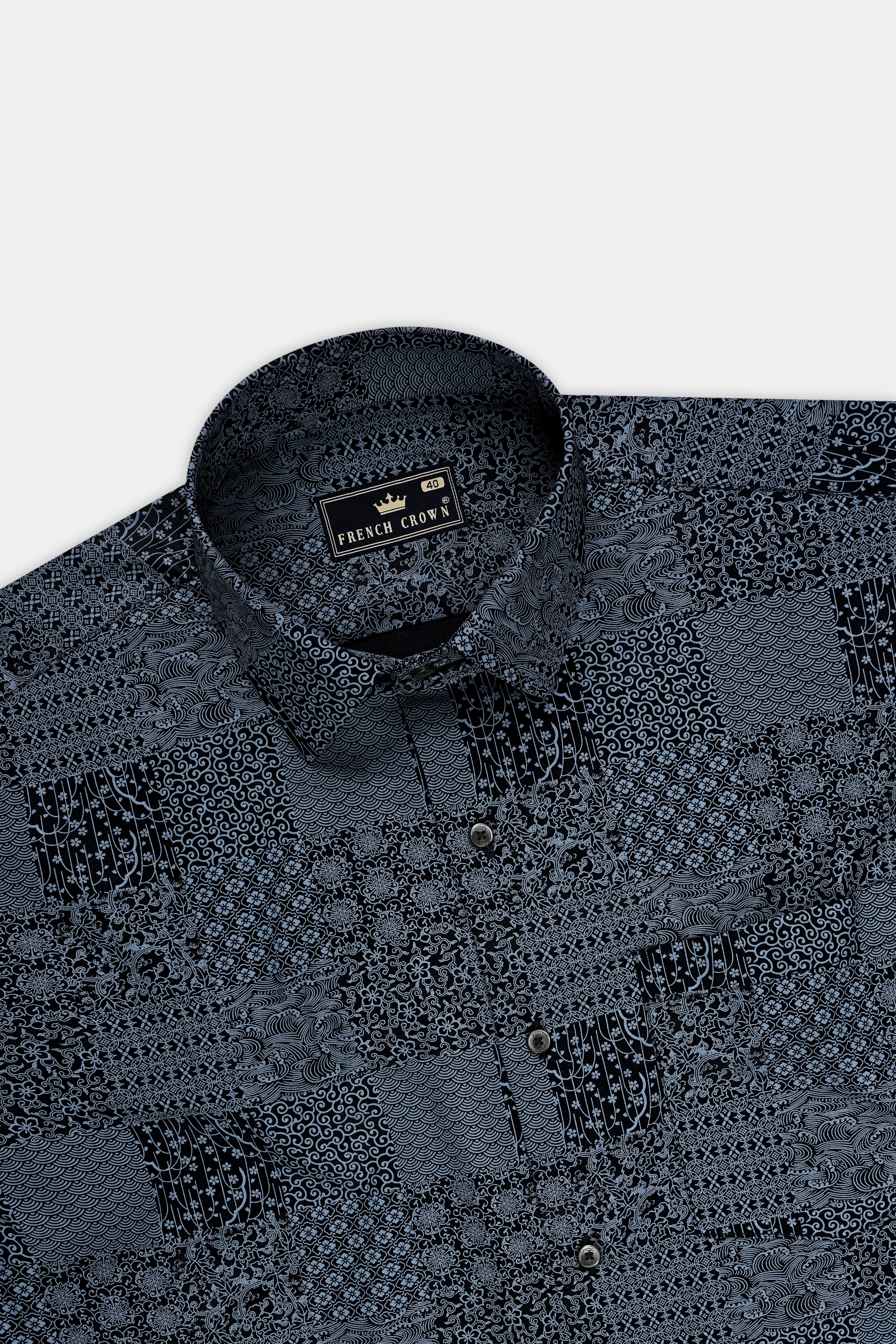 Noiris-Gunmetal Blue And Jade Black Printed Subtle Sheen Super Soft Premium Cotton Semi Formal Shirt