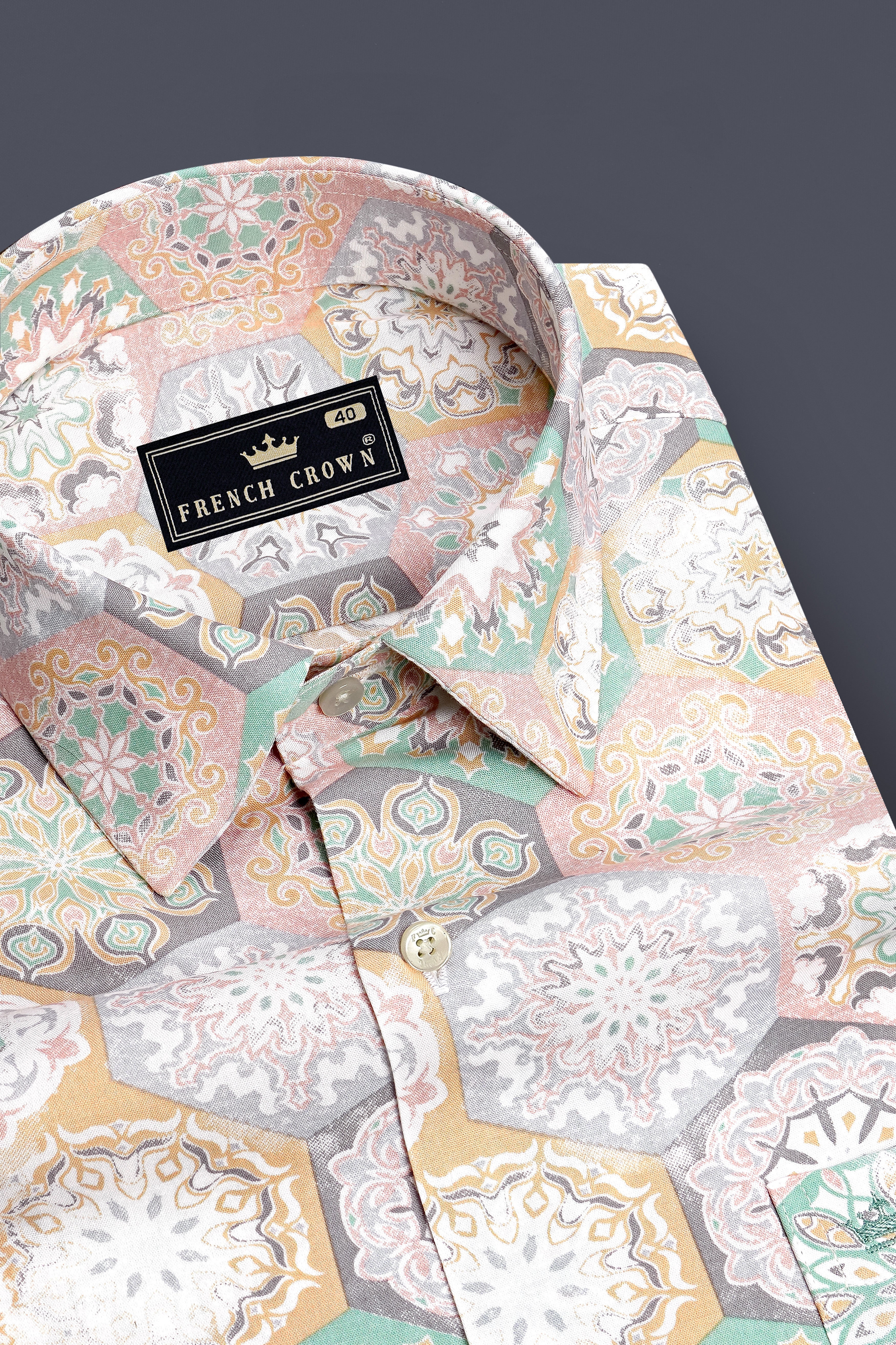 Kaleido-Potpourri Peach And Opal Green Mandala Tile Printed Super Soft Premium Cotton Casual Shirt