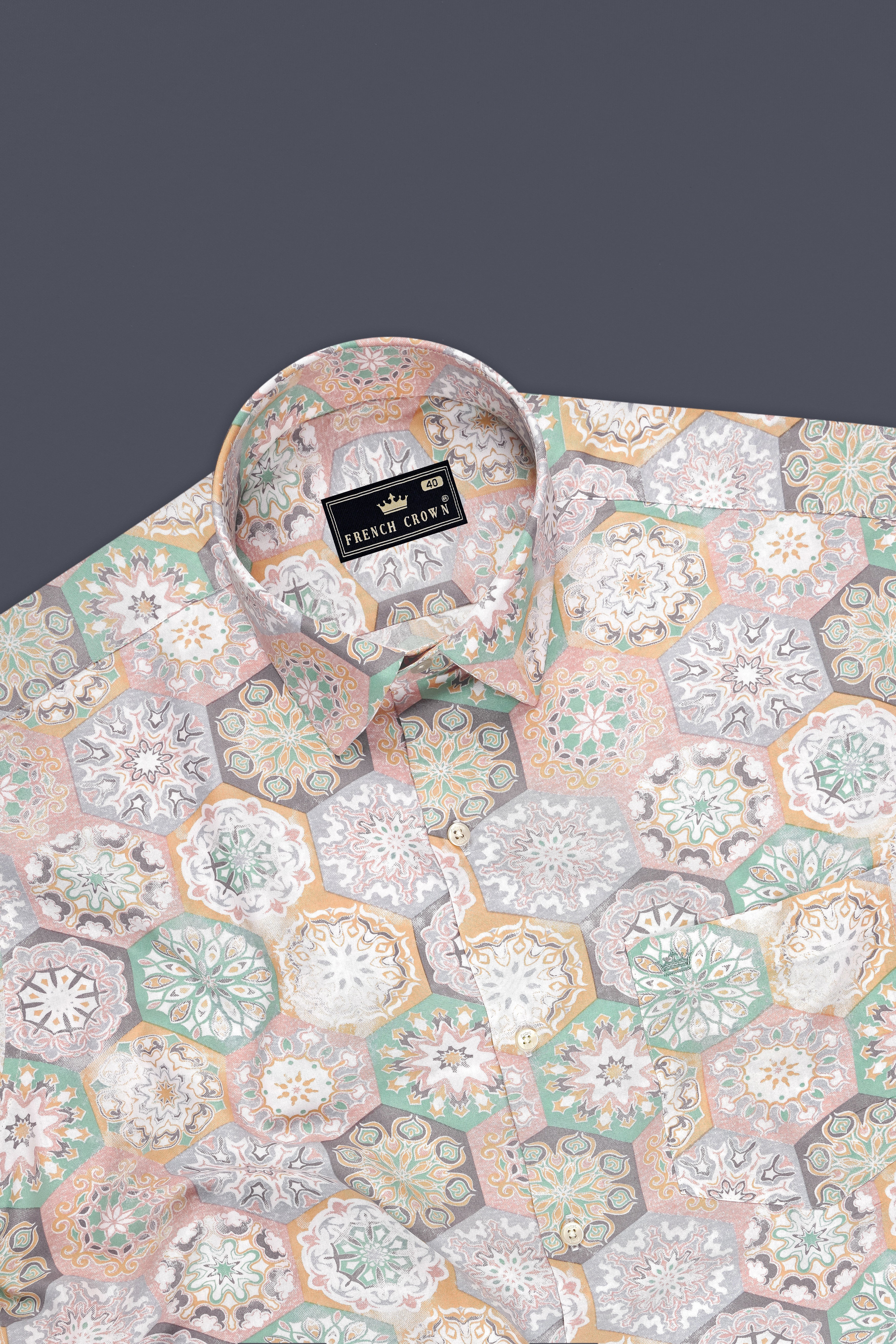 Kaleido-Potpourri Peach And Opal Green Mandala Tile Printed Super Soft Premium Cotton Casual Shirt
