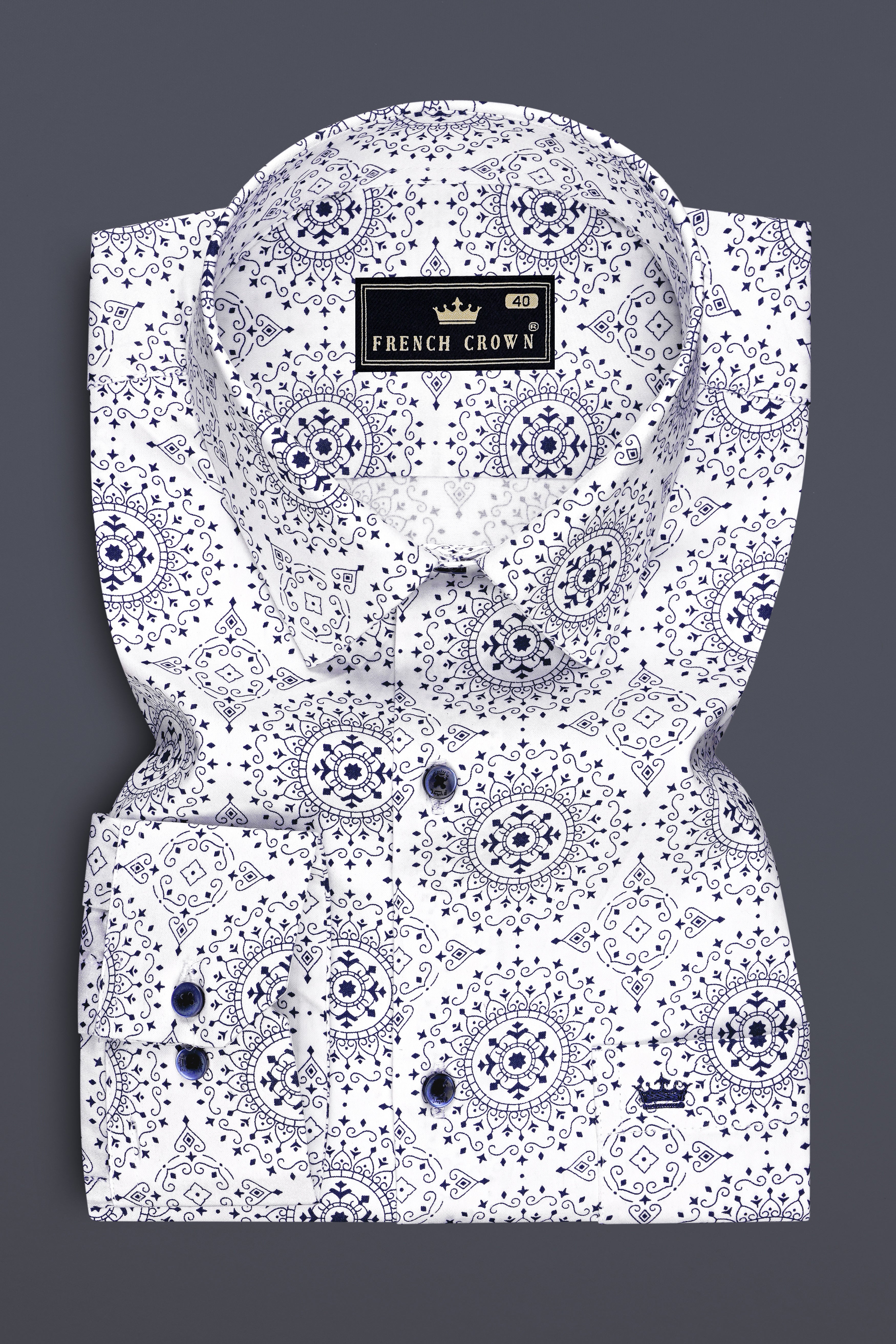 Majestic-Bright White And Midnight Blue Medallion Printed Subtle Sheen Super Soft Premium Cotton Semi Formal Shirt