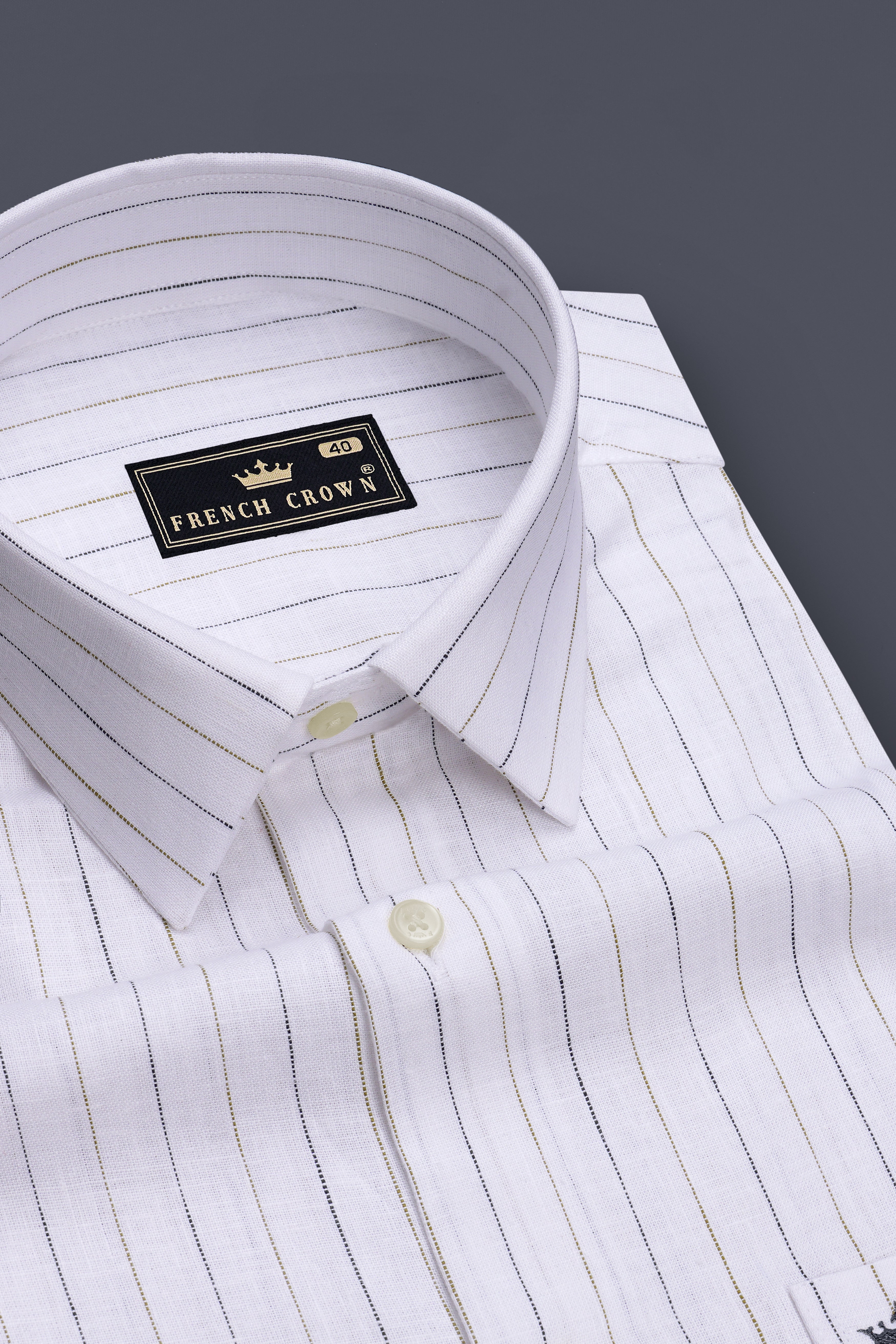 Solace-Bright White And Sandrift Brown Pin Striped 100% Pure Luxurious Linen Dress Shirt