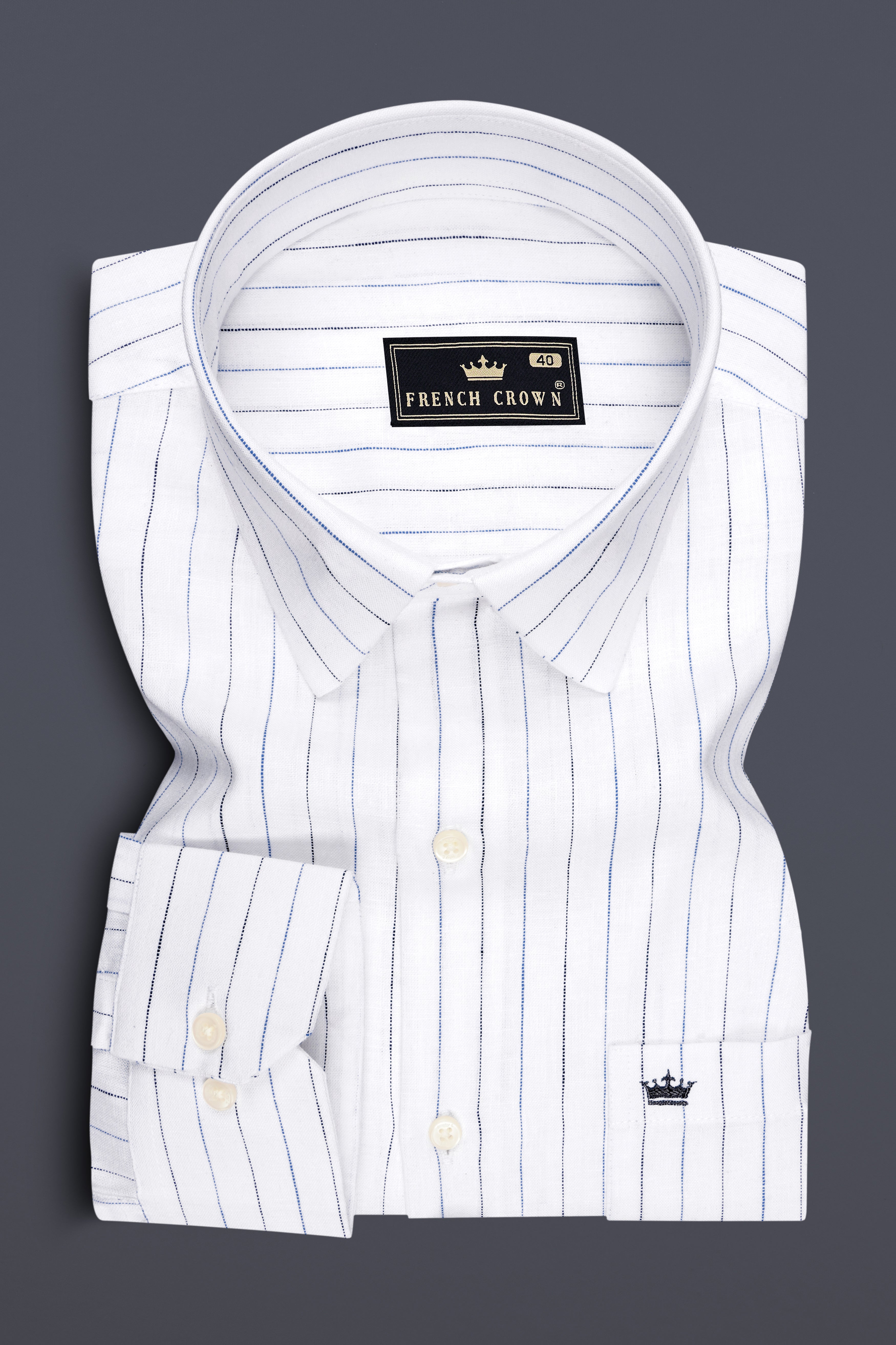 Aero-Bright White And Pastel Blue Pin Striped 100% Pure Luxurious Linen Dress Shirt