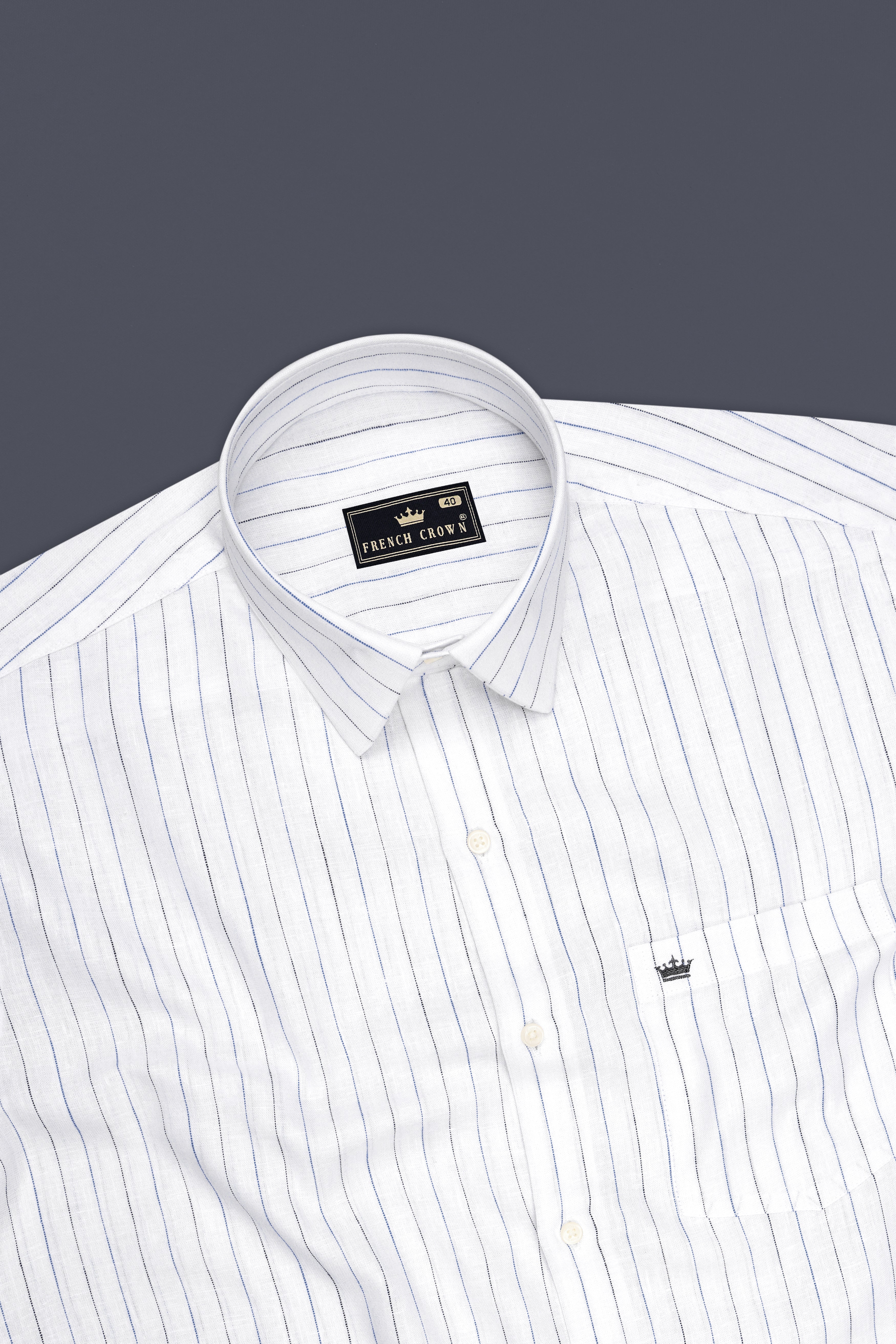 Aero-Bright White And Pastel Blue Pin Striped 100% Pure Luxurious Linen Dress Shirt